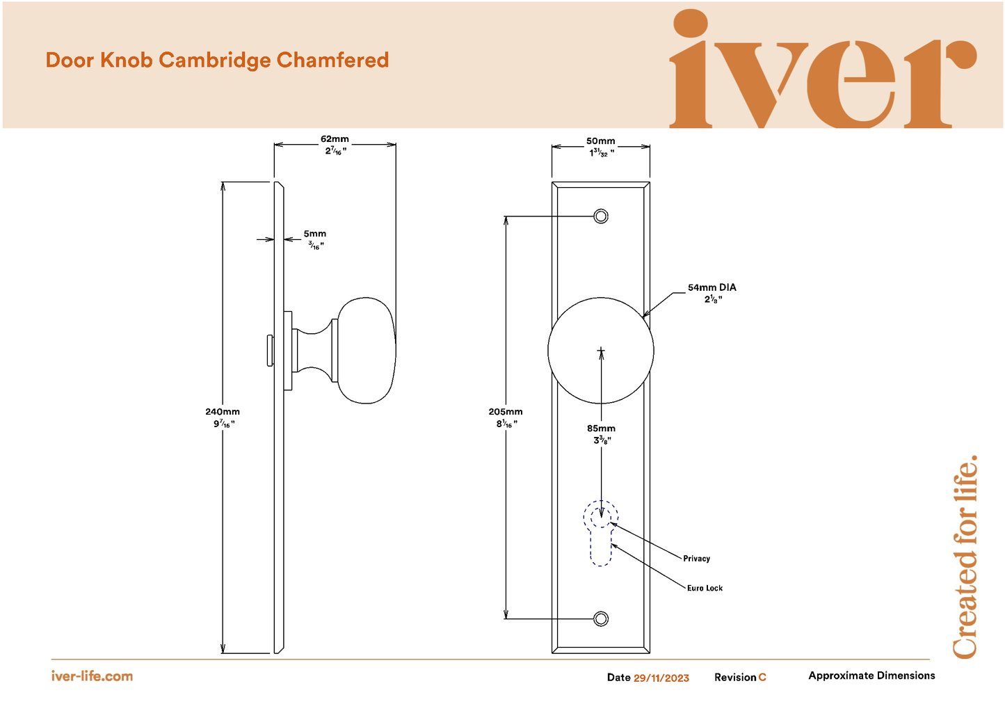 Iver Door Knob Cambridge Chamfered Privacy Pair Brushed Chrome