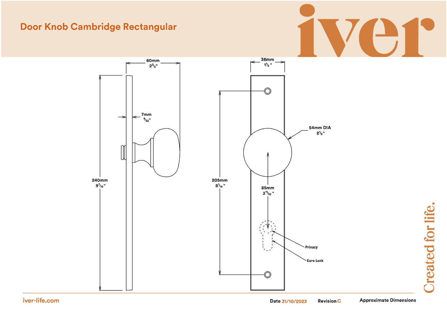 Iver Door Knob Cambridge Rectangular Latch Pair Brushed Chrome