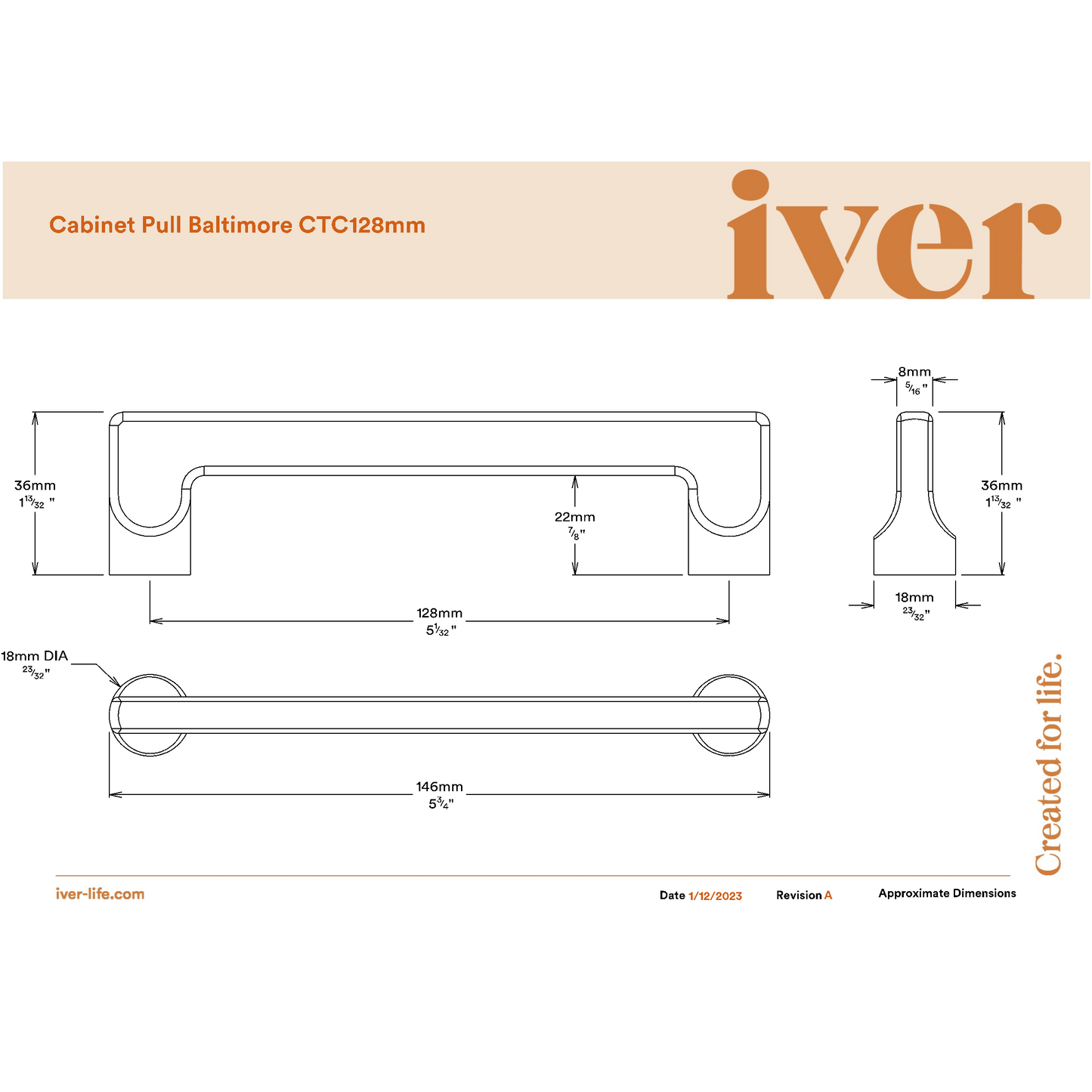 Iver Cabinet Pull Baltimore Signature Brass CTC128mm
