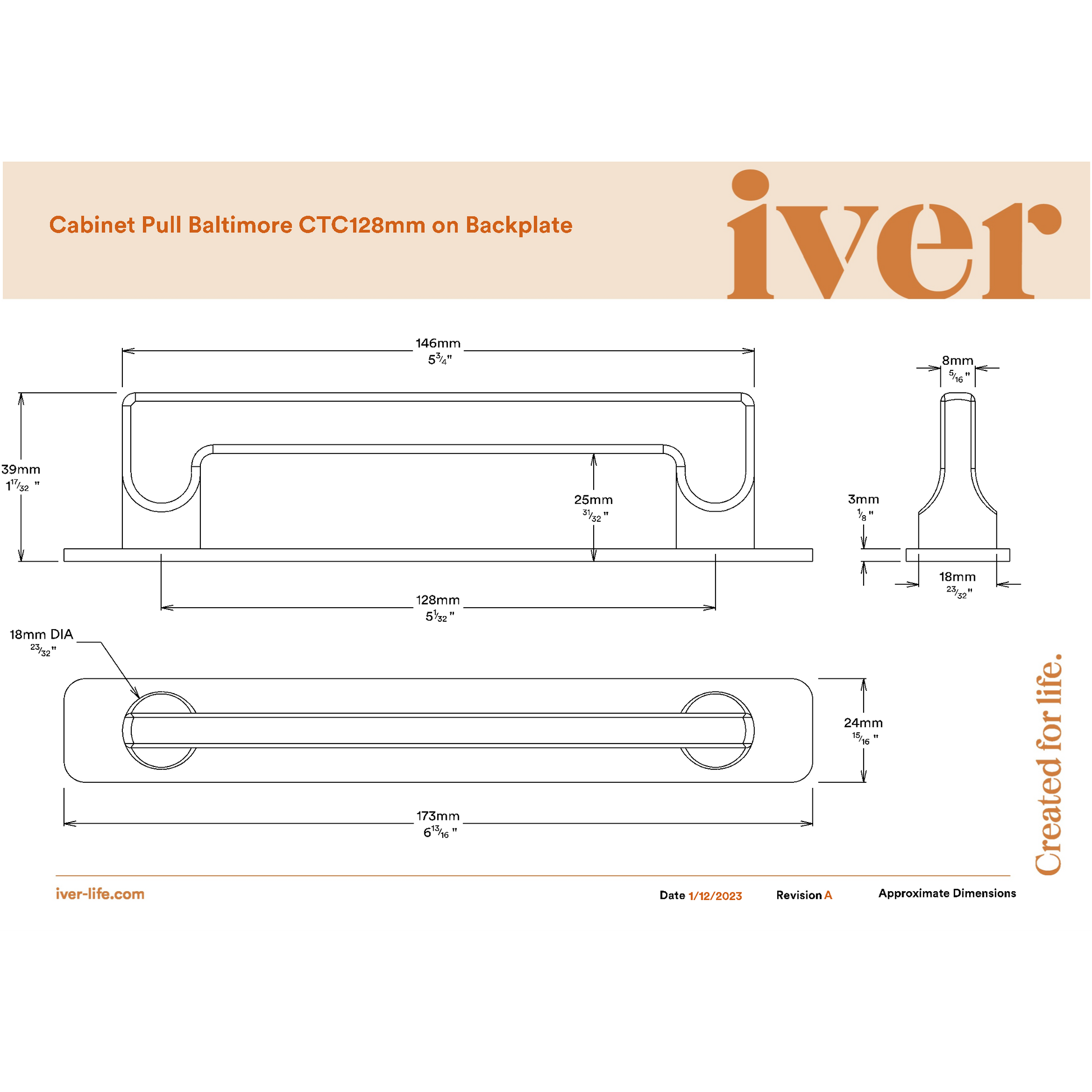 Iver Cabinet Pull Baltimore Brushed Brass CTC128mm With Backplate