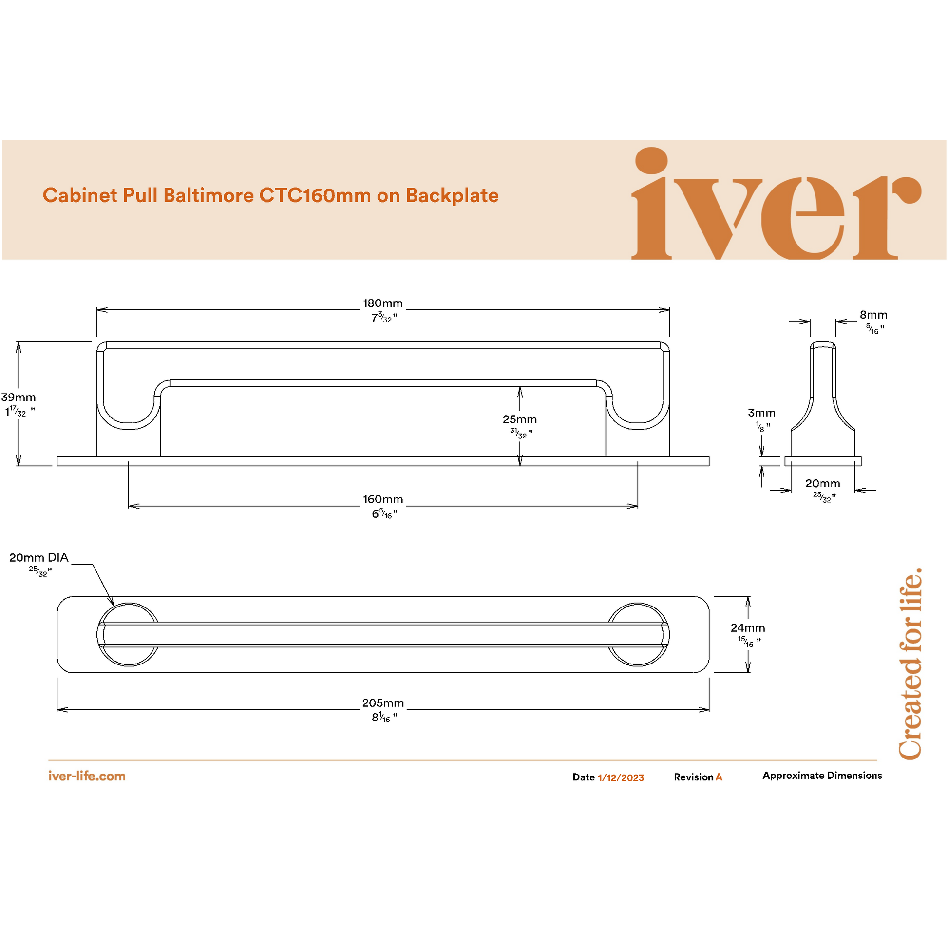 Iver Cabinet Pull Baltimore Brushed Brass CTC160mm With Backplate