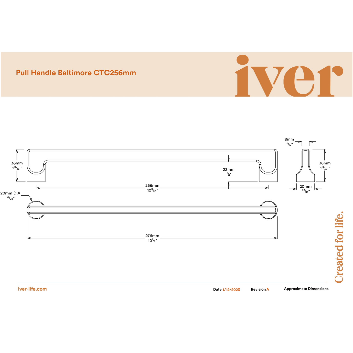 Iver Cabinet Pull Baltimore Brushed Brass CTC256mm