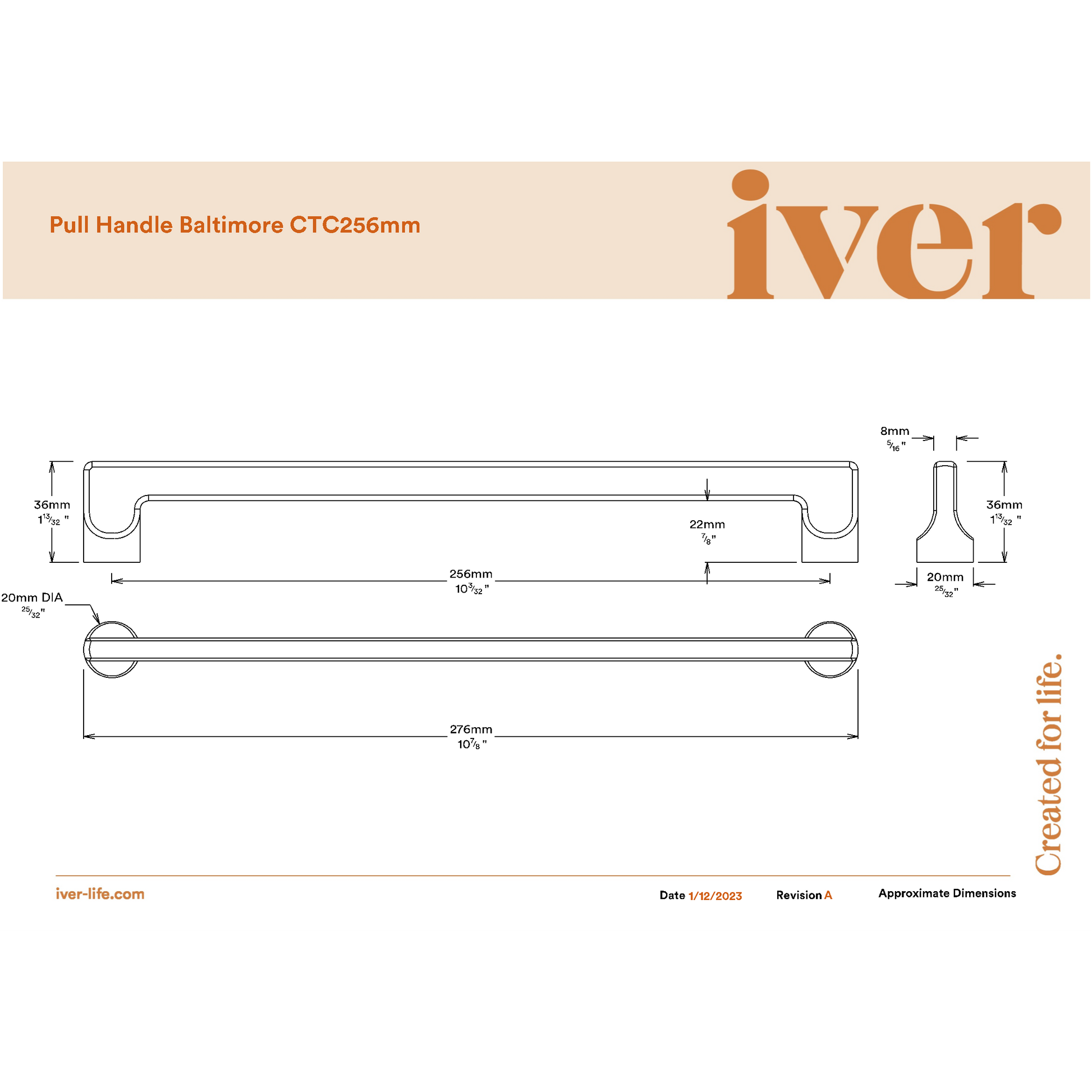 Iver Cabinet Pull Baltimore Brushed Brass CTC256mm