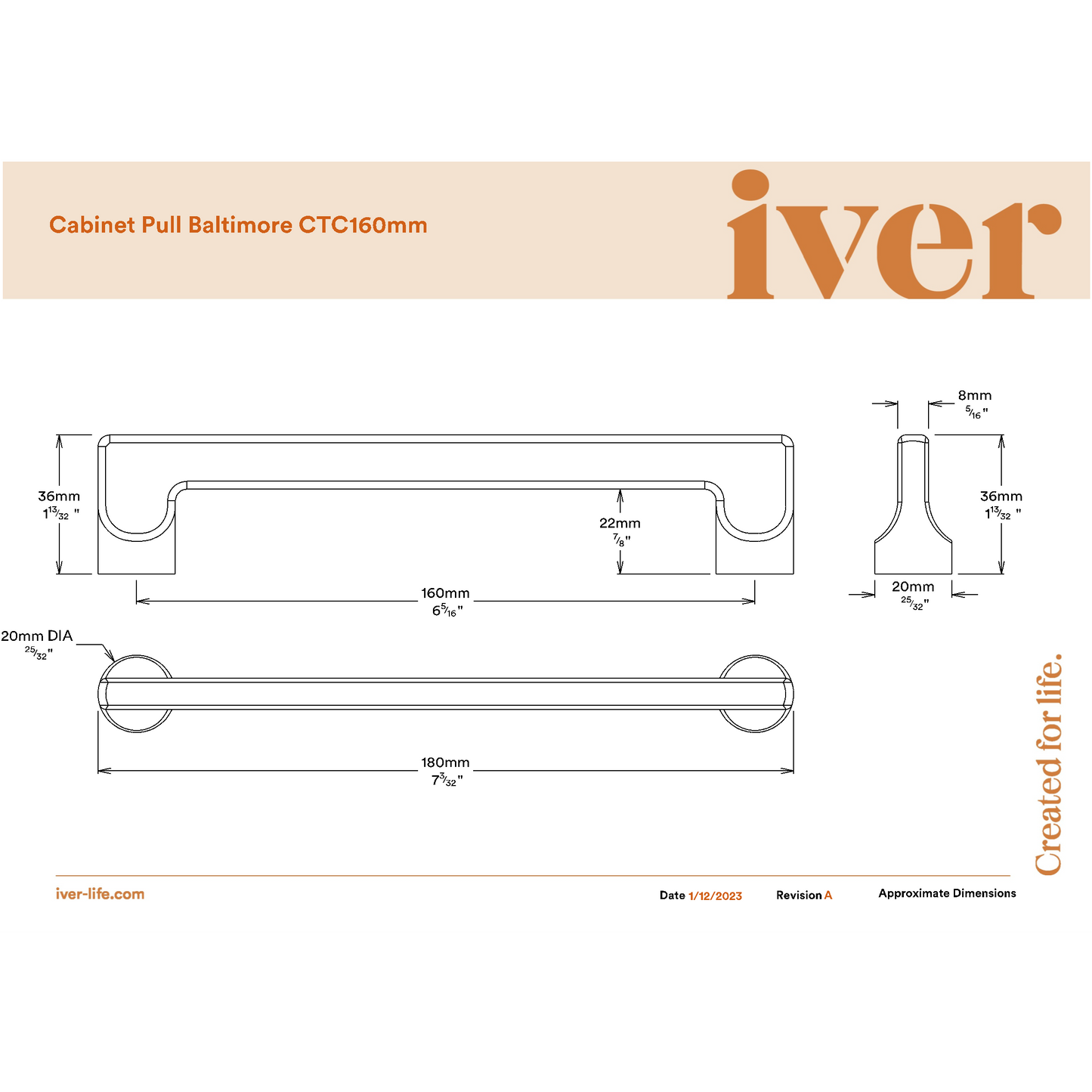 Iver Cabinet Pull Baltimore Brushed Brass CTC160mm