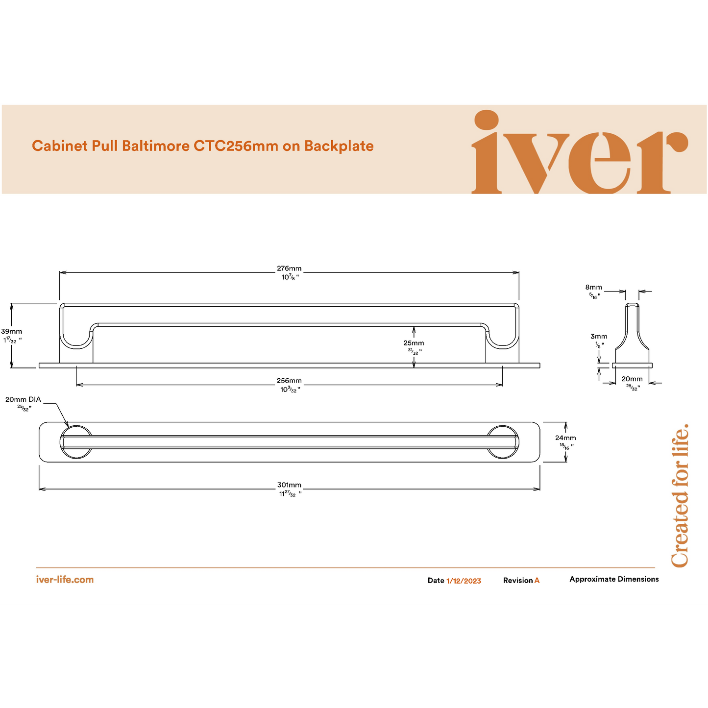 Iver Cabinet Pull Baltimore Satin Nickel CTC256mm With Backplate