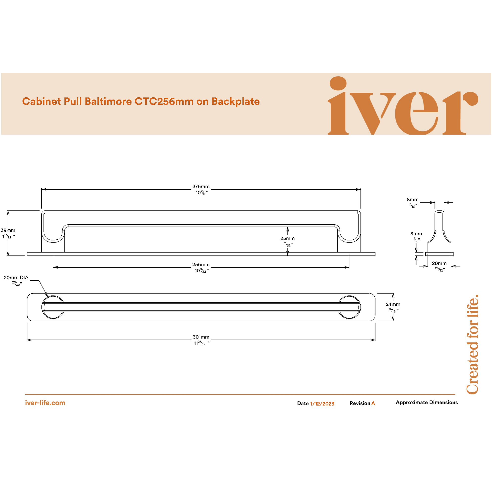 Iver Cabinet Pull Baltimore Satin Nickel CTC256mm With Backplate