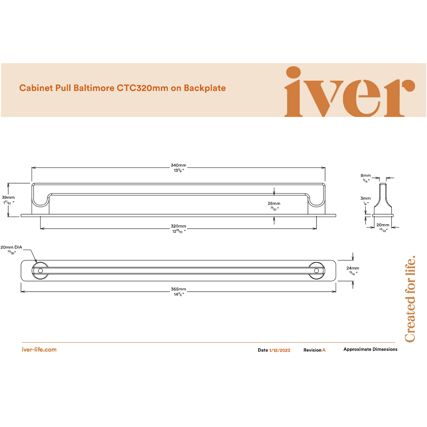 Iver Cabinet Pull Baltimore Satin Nickel CTC320mm With Backplate