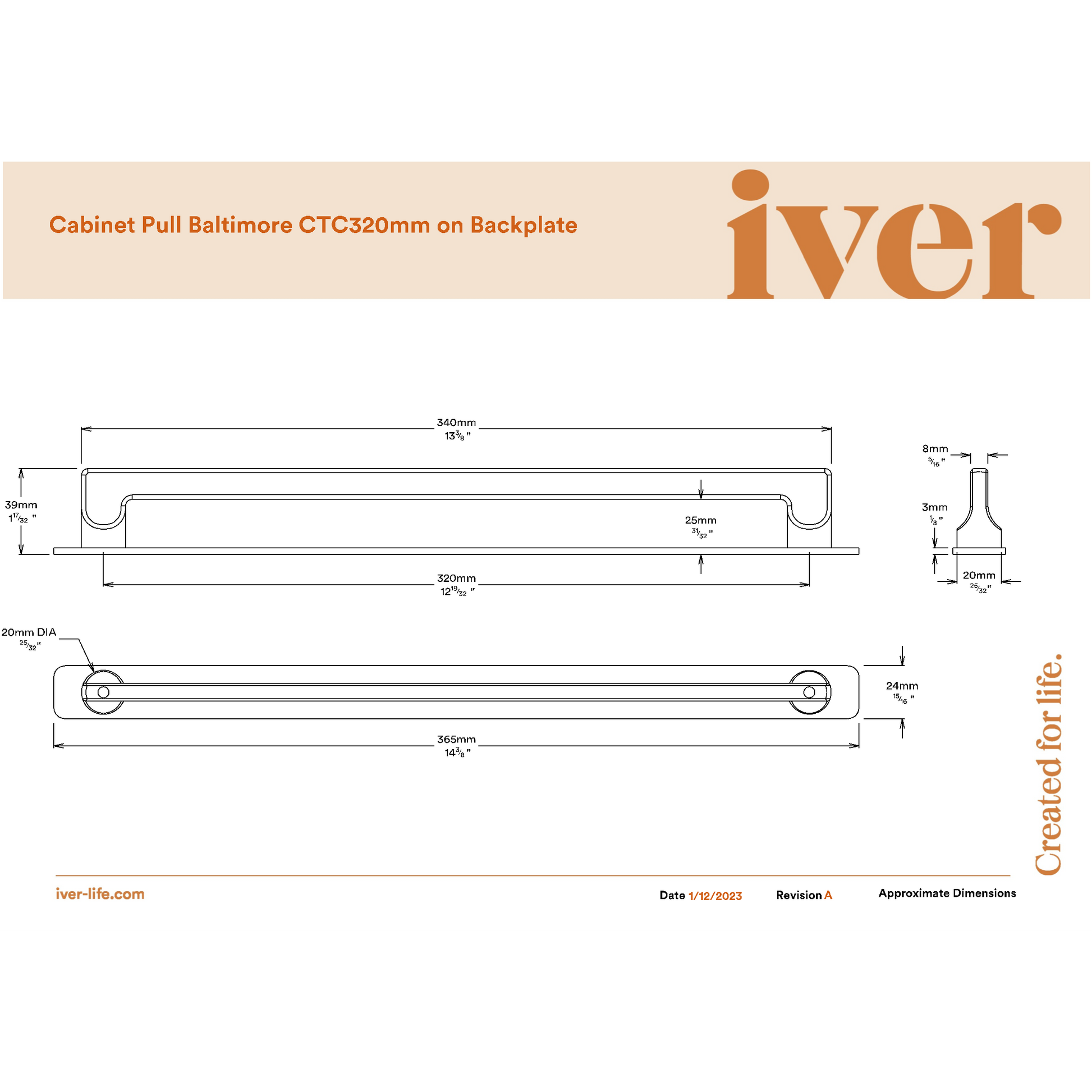 Iver Cabinet Pull Baltimore Satin Nickel CTC320mm With Backplate