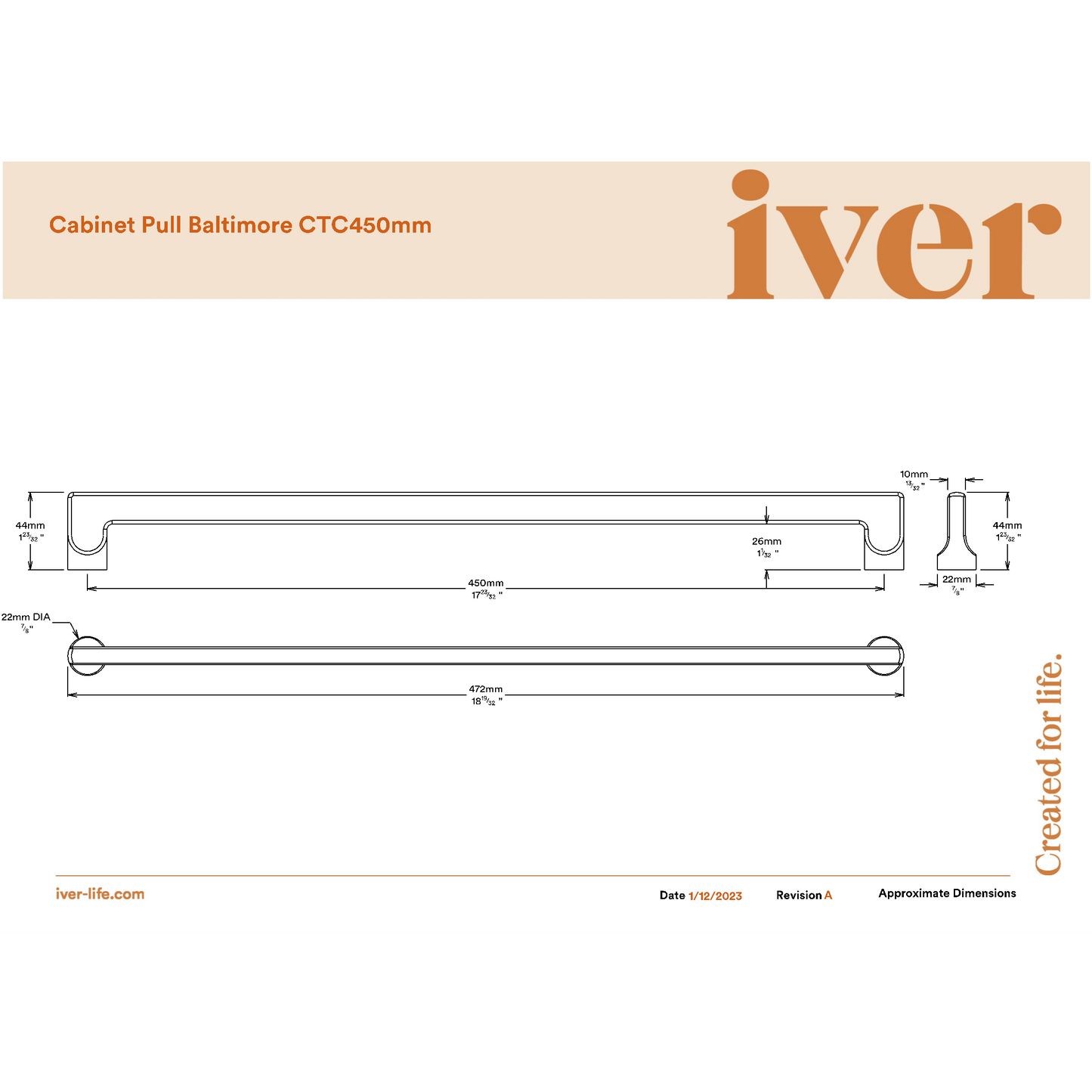 Iver Cabinet Pull Baltimore Satin Nickel CTC450mm