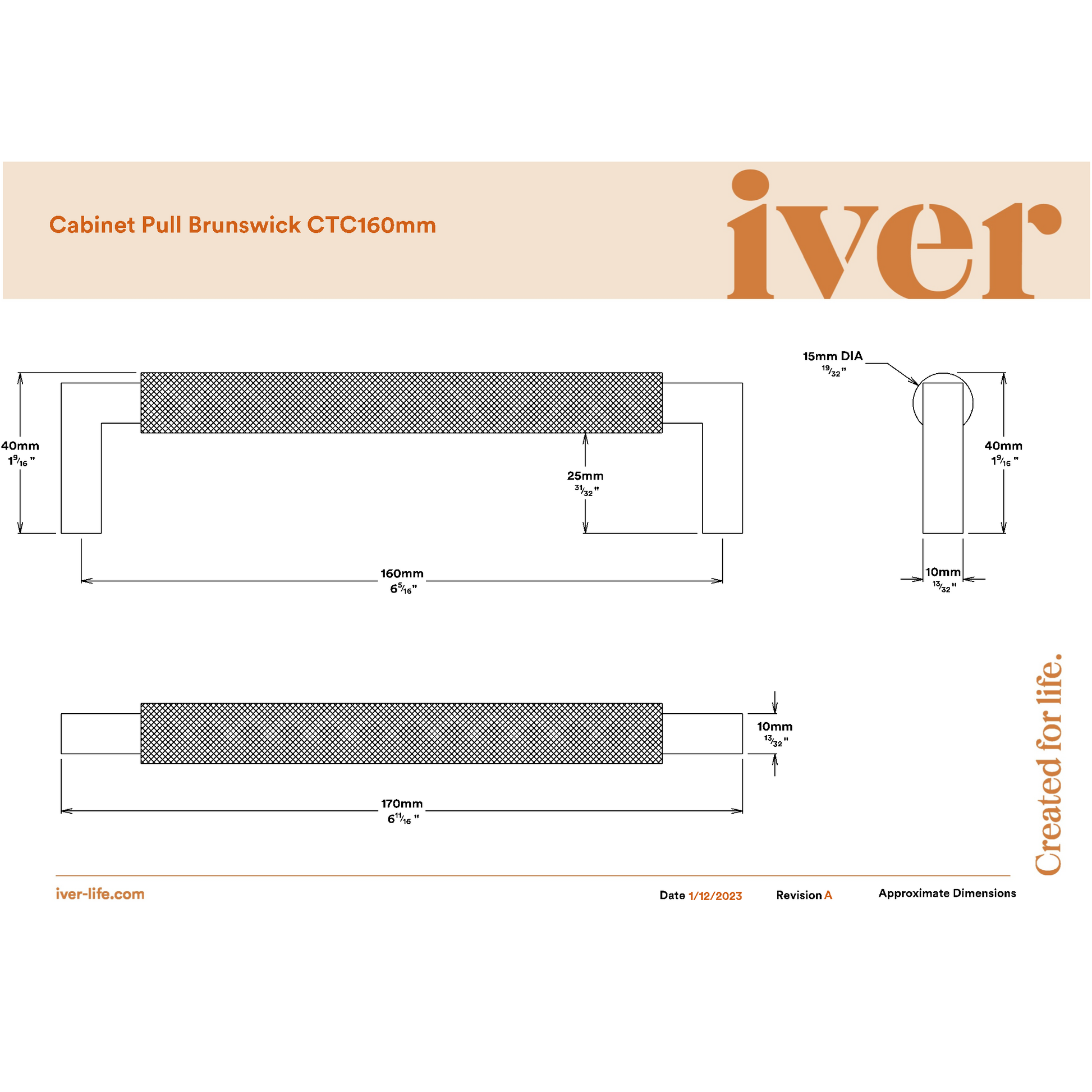 Iver Cabinet Pull Brunswick Knurled Signature Brass CTC160mm