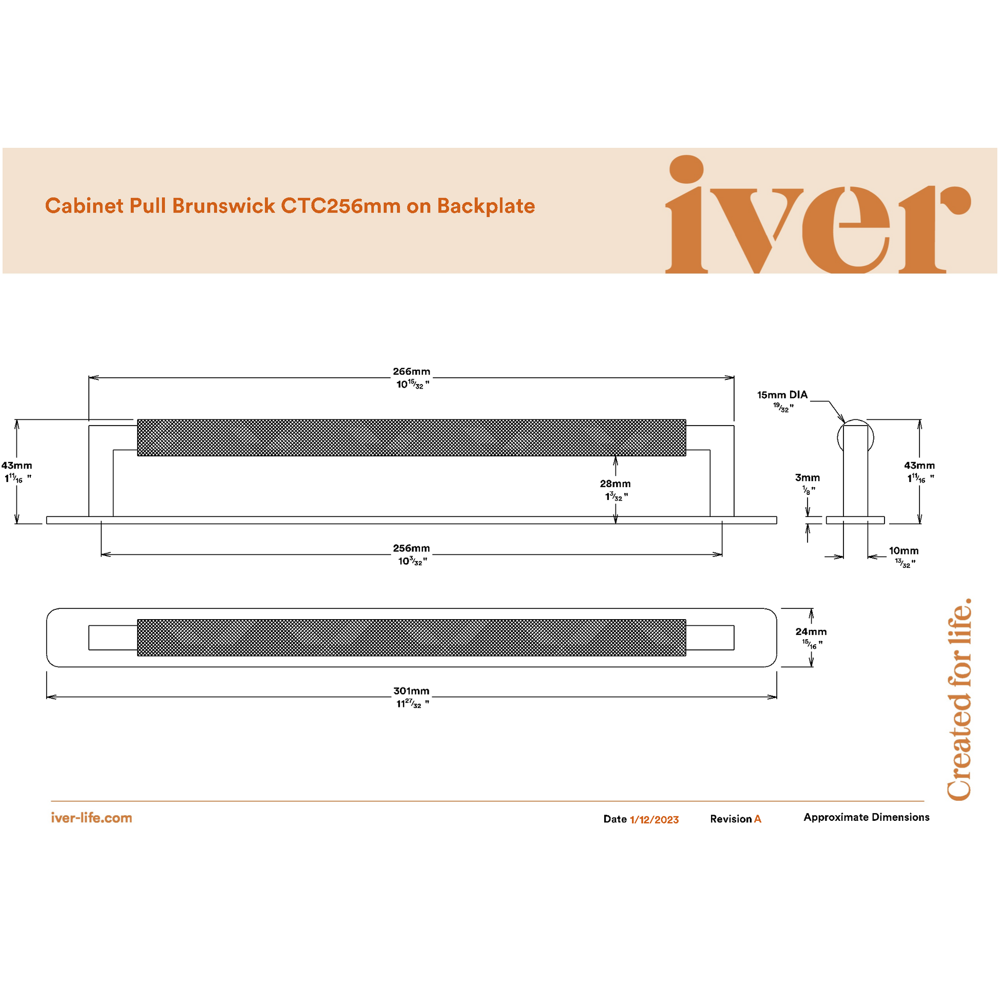 Iver Cabinet Pull Brunswick Knurled Signature Brass CTC256mm with Backplate