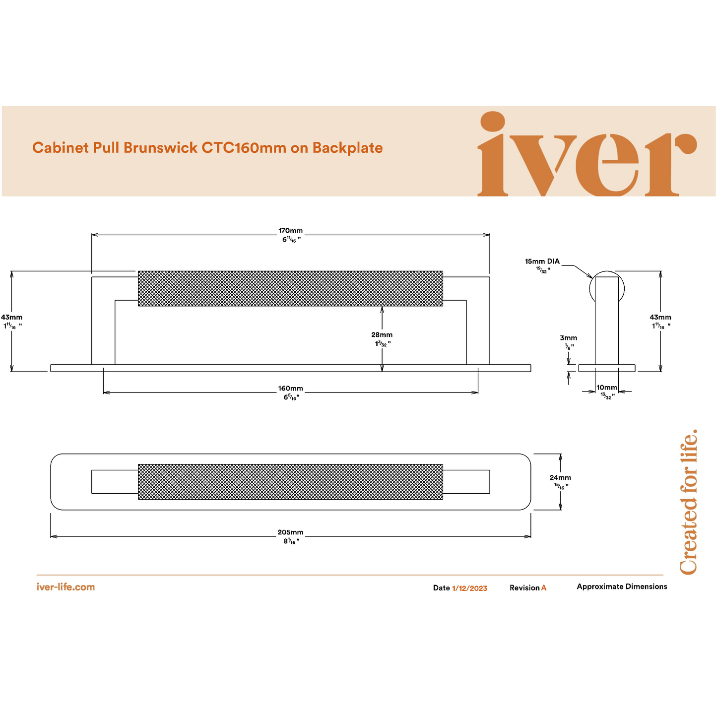 Iver Cabinet Pull Brunswick Knurled Satin Nickel CTC160mm with Backplate