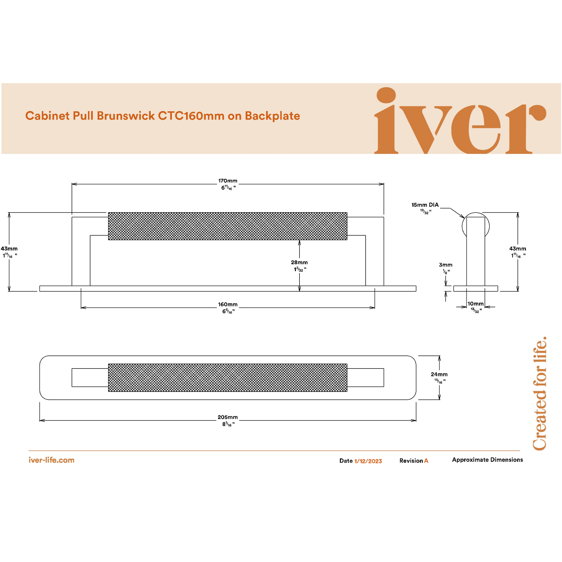 Iver Cabinet Pull Brunswick Knurled Satin Nickel CTC160mm with Backplate