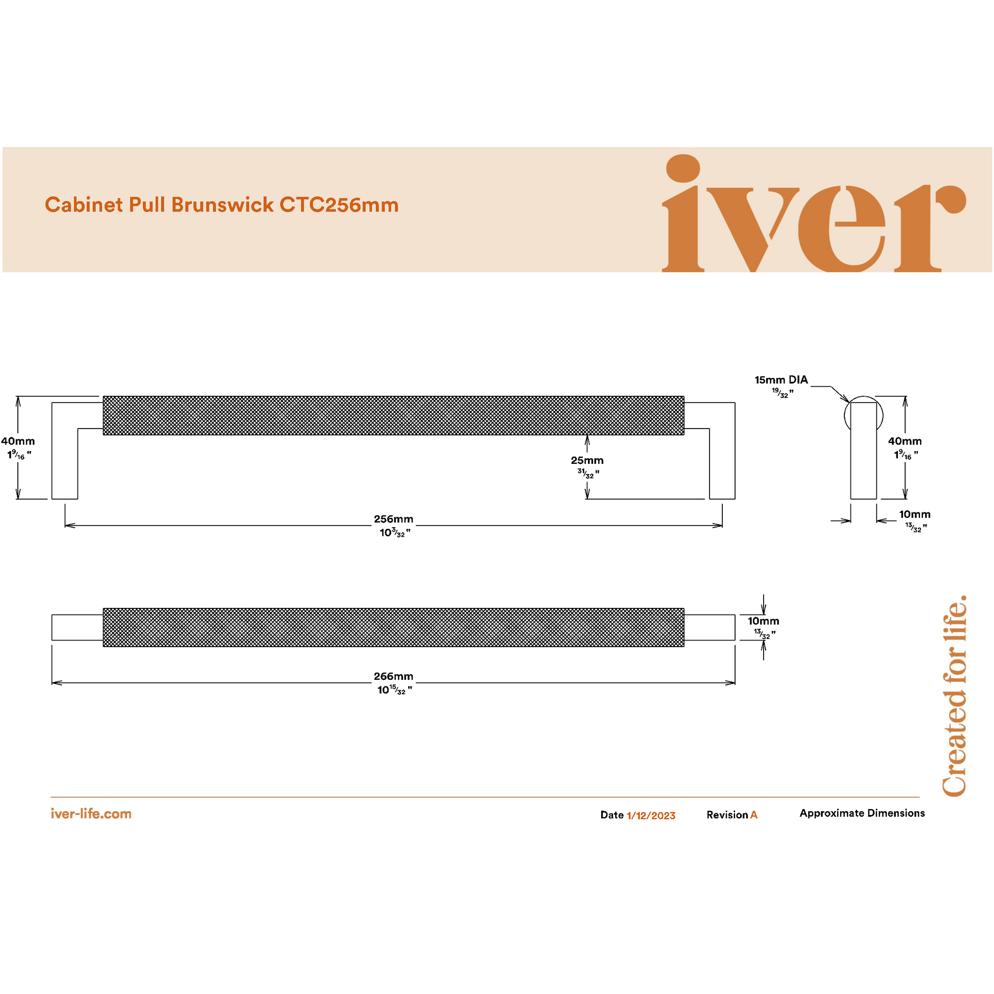 Iver Cabinet Pull Brunswick Knurled Signature Brass CTC256mm