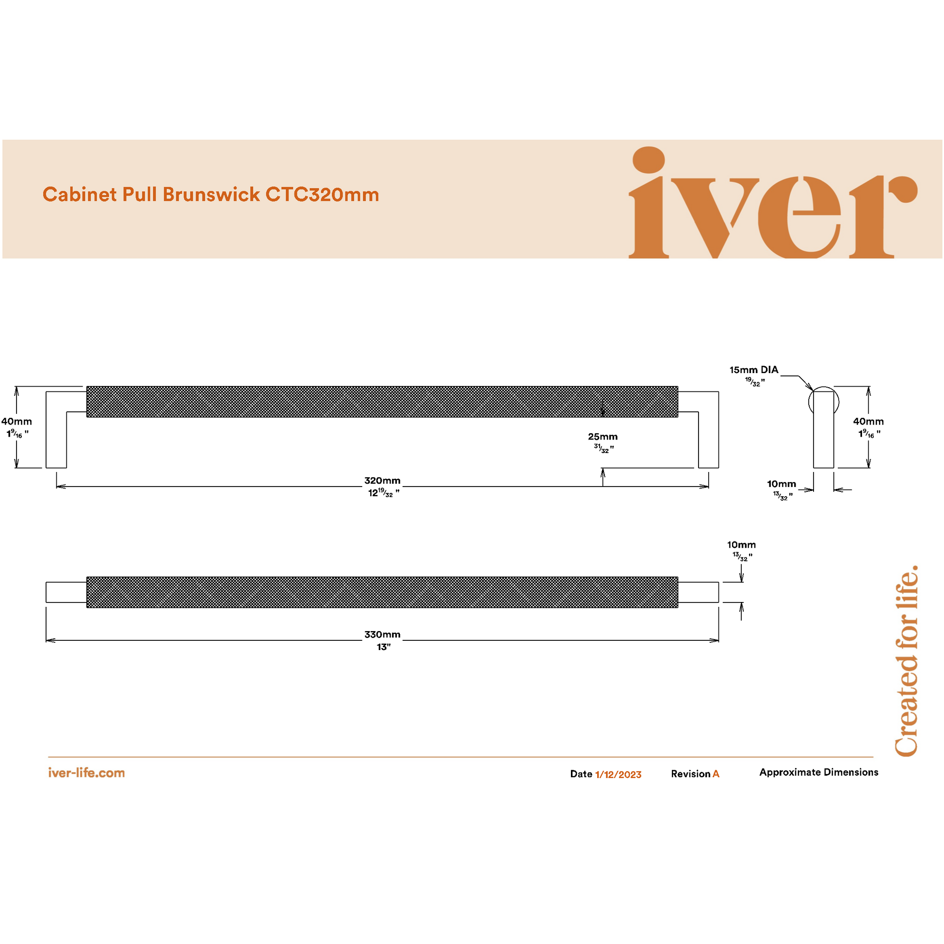 Iver Cabinet Pull Brunswick Knurled Satin Nickel CTC320mm