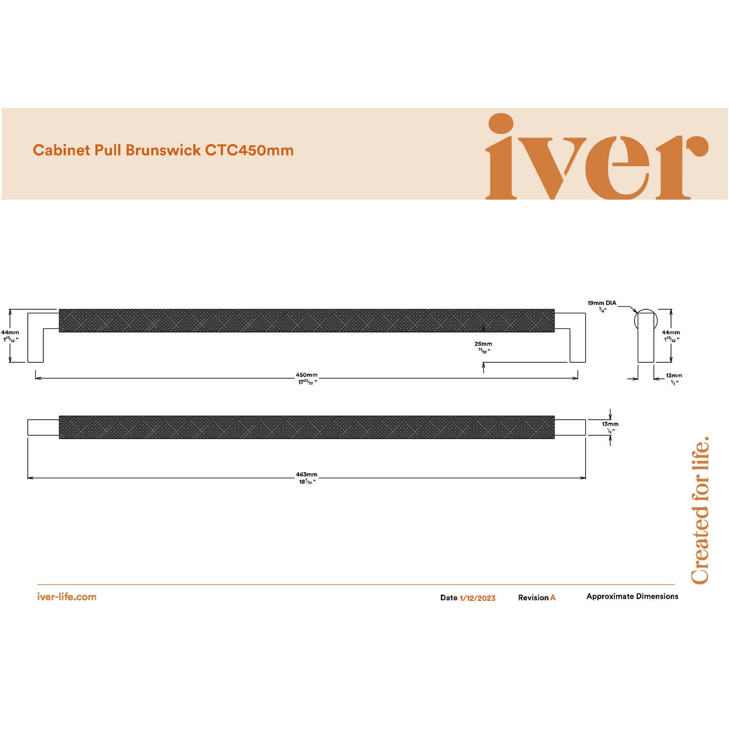 Iver Cabinet Pull Brunswick Knurled Satin Nickel CTC450mm