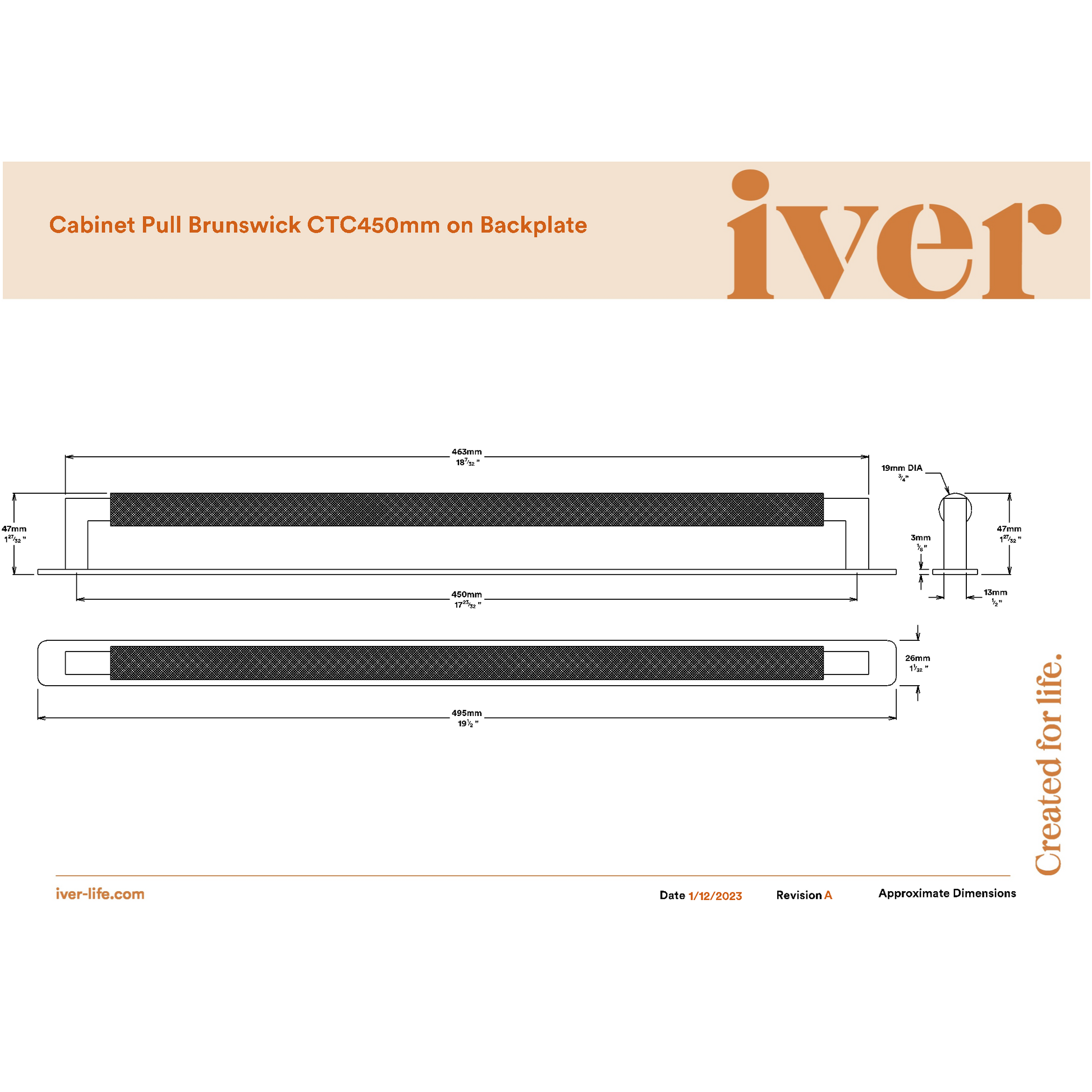 Iver Cabinet Pull Brunswick Knurled Satin Nickel CTC450mm with Backplate