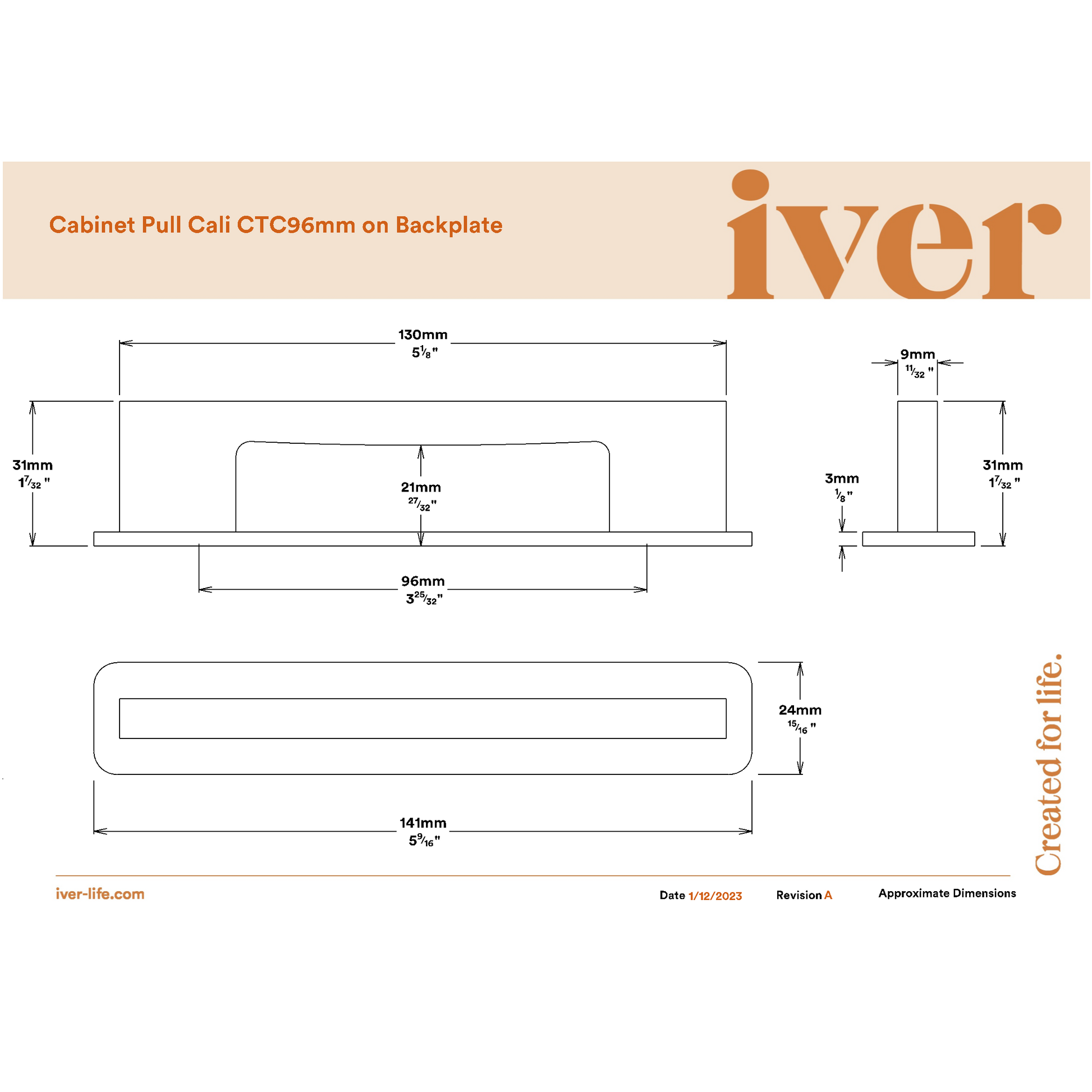 Iver Cabinet Pull Cali Brushed Brass CTC96mm with Backplate