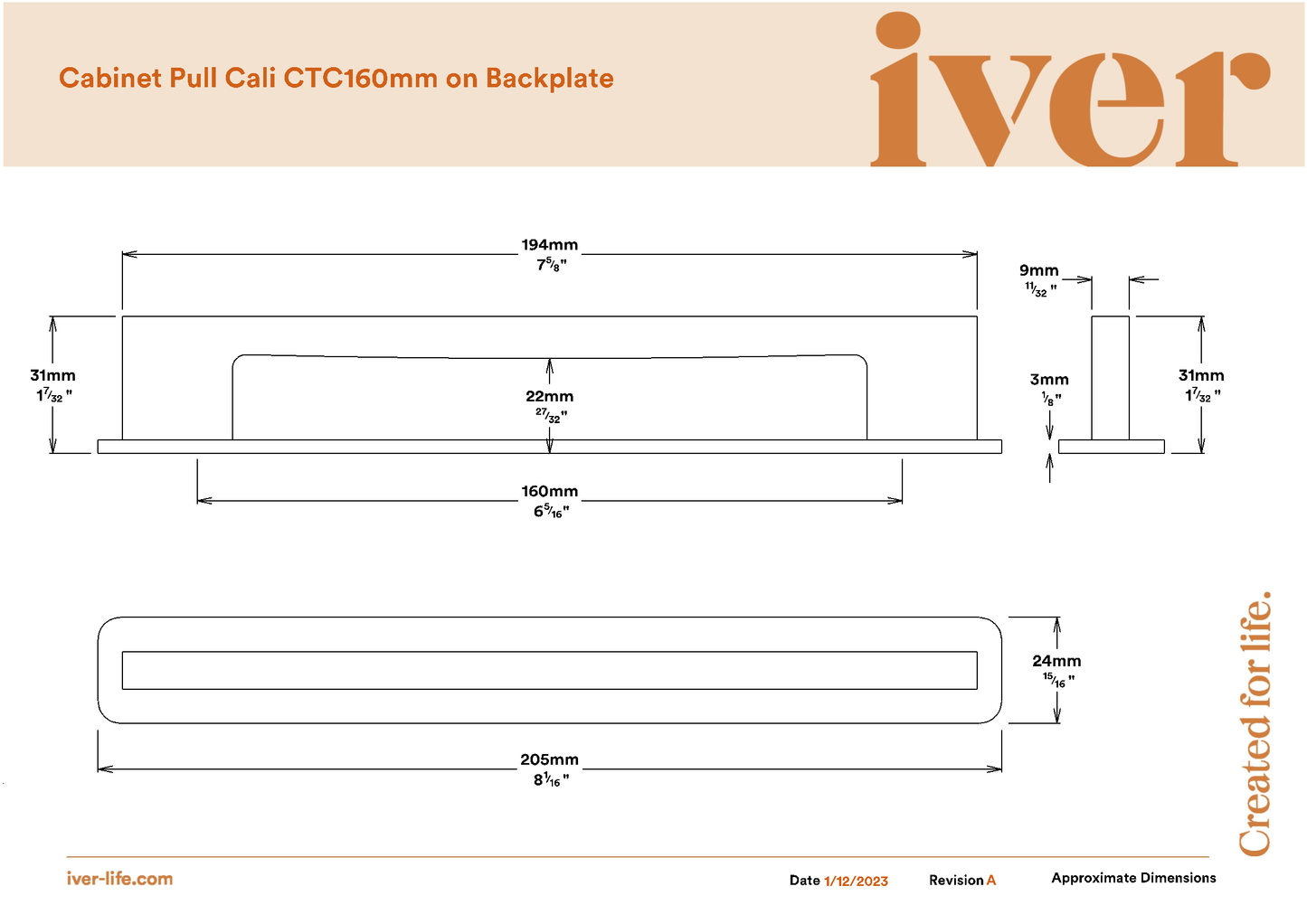 Iver Cabinet Pull Cali Satin Nickel CTC160mm with Backplate