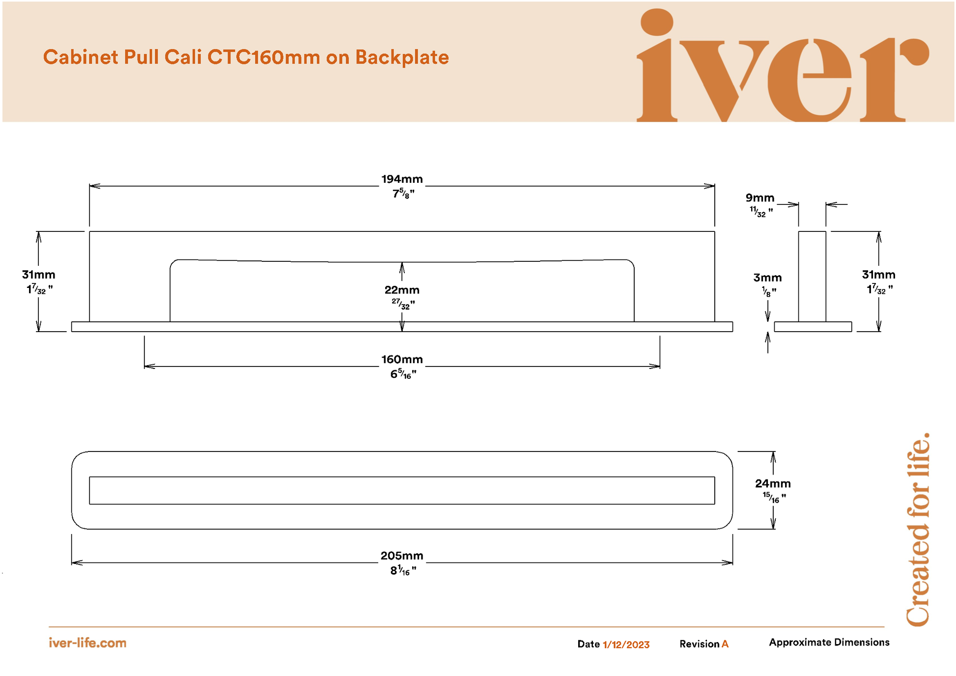Iver Cabinet Pull Cali Satin Nickel CTC160mm with Backplate