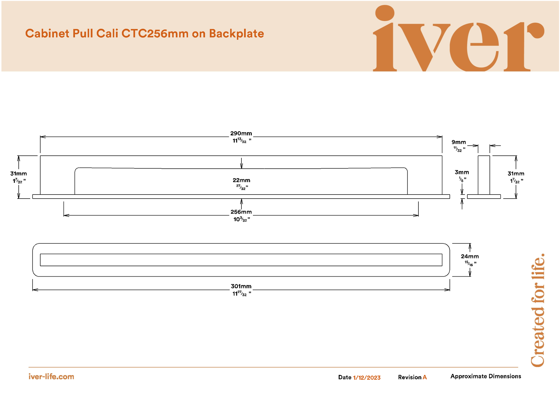 Iver Cabinet Pull Cali Satin Nickel CTC256mm with Backplate
