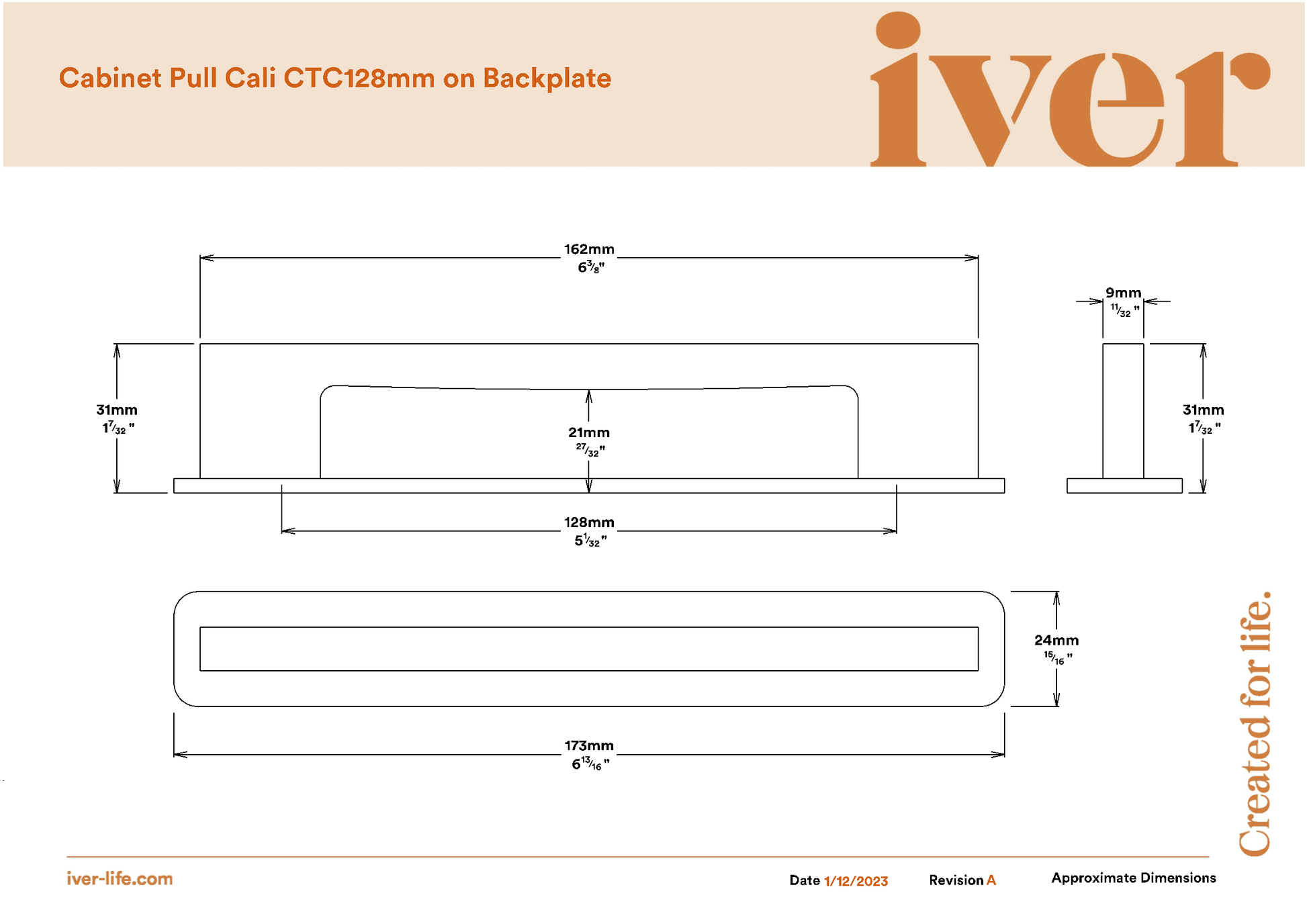 Iver Cabinet Pull Cali Signature Brass CTC128mm with Backplate