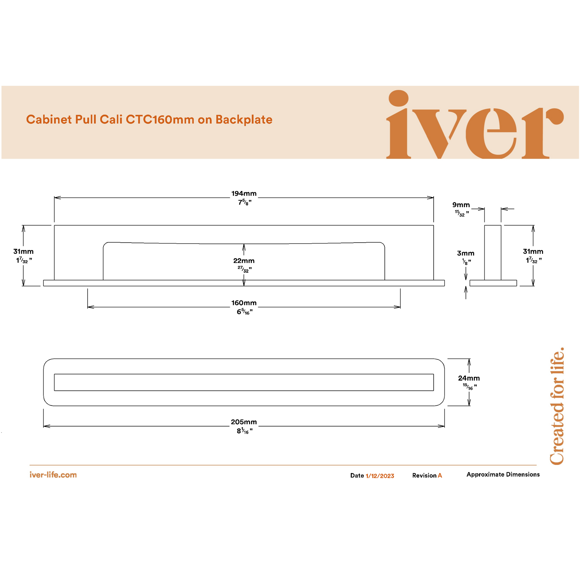 Iver Cabinet Pull Cali Brushed Chrome CTC160mm with Backplate