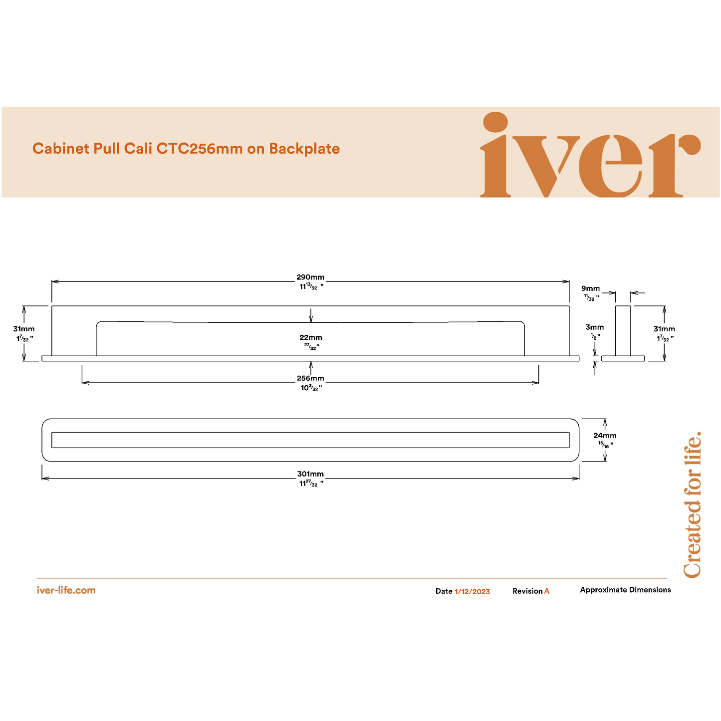 Iver Cabinet Pull Cali Signature Brass CTC256mm with Backplate