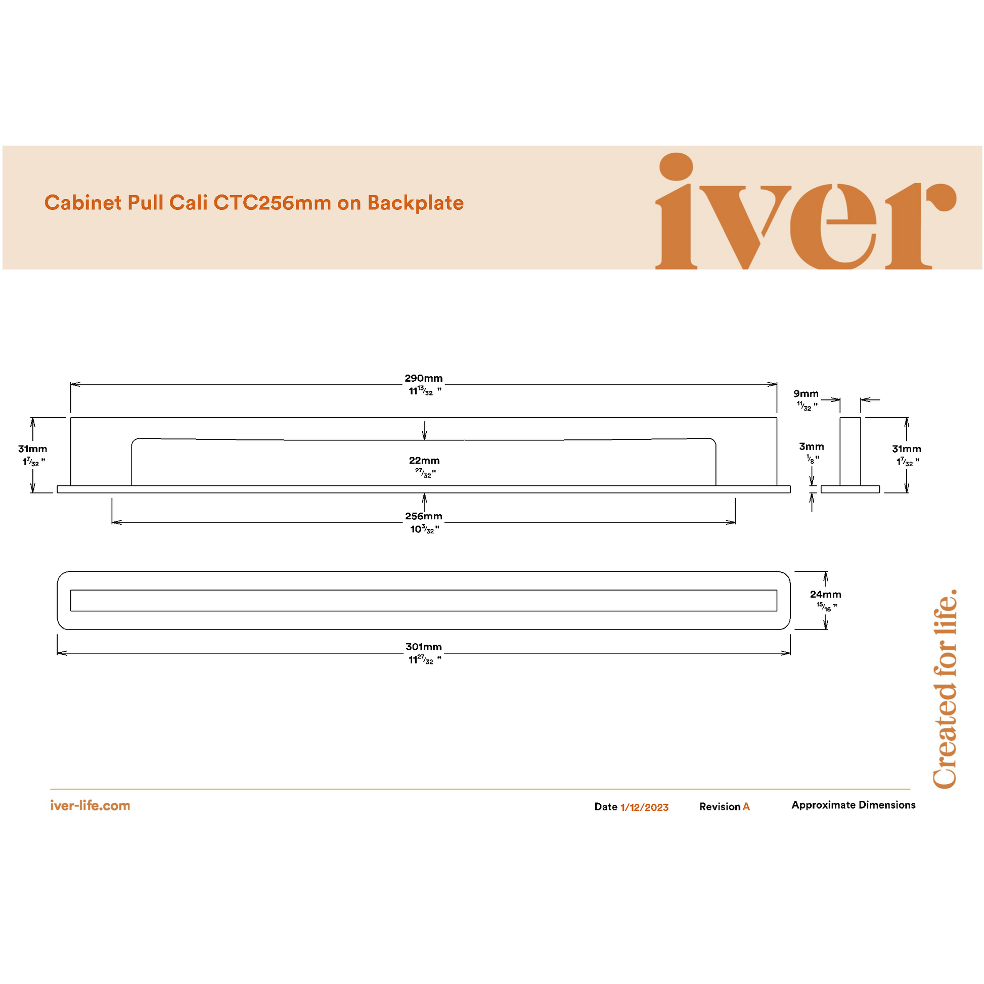 Iver Cabinet Pull Cali Signature Brass CTC256mm with Backplate