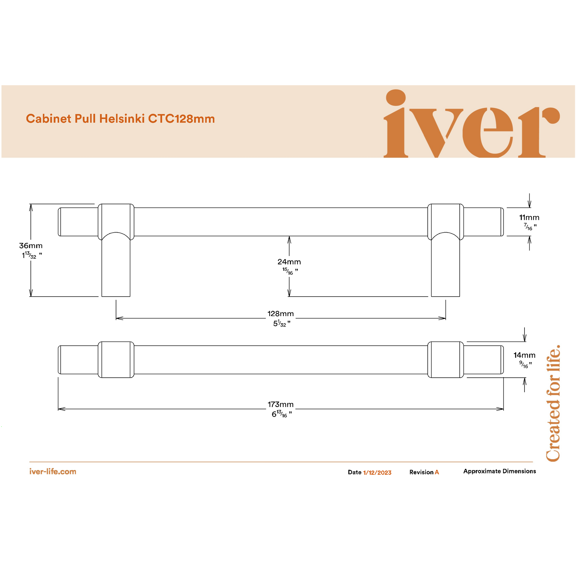 Iver Cabinet Pull Helsinki Brushed Gold PVD CTC128mm