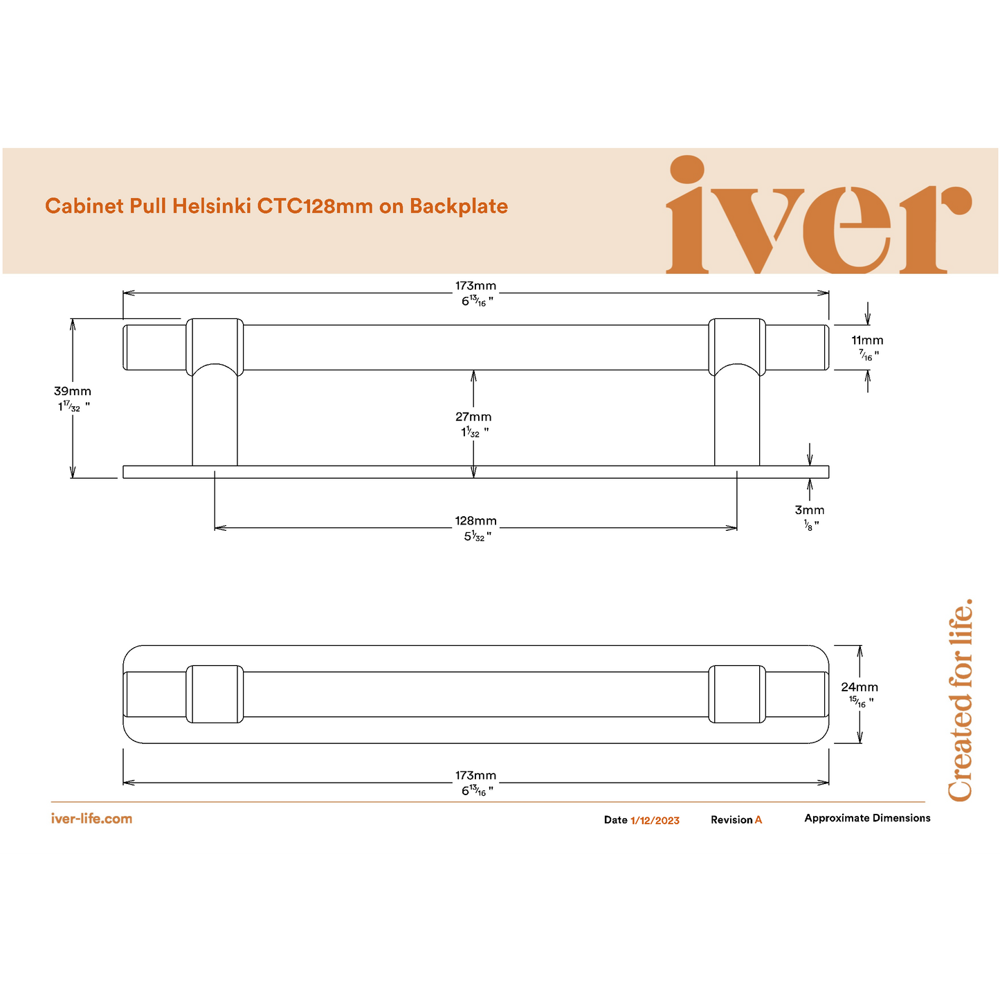 Iver Cabinet Pull Helsinki Brushed Gold PVD CTC128mm With Backplate