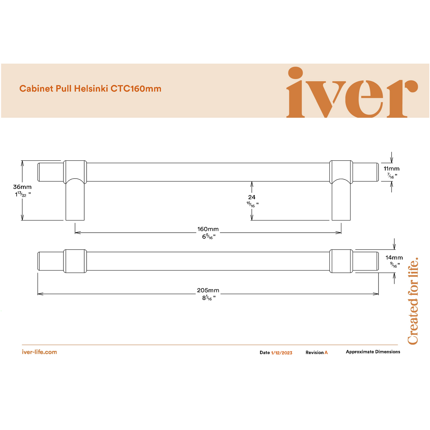 Iver Cabinet Pull Helsinki Brushed Gold PVD CTC160mm