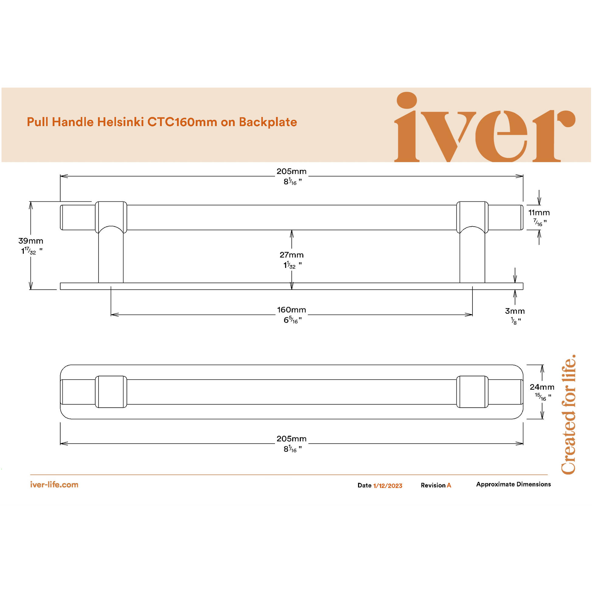 Iver Cabinet Pull Helsinki Brushed Gold PVD CTC160mm With Backplate