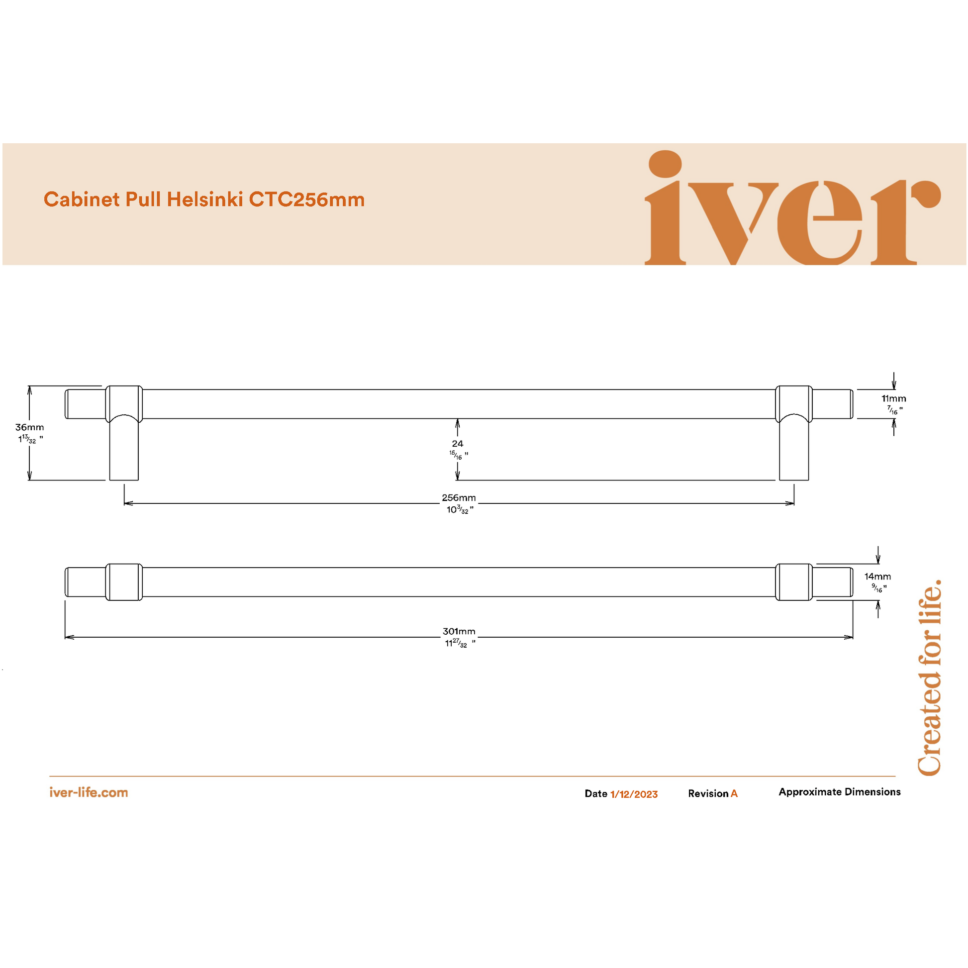 Iver Cabinet Pull Helsinki Brushed Gold PVD CTC256mm
