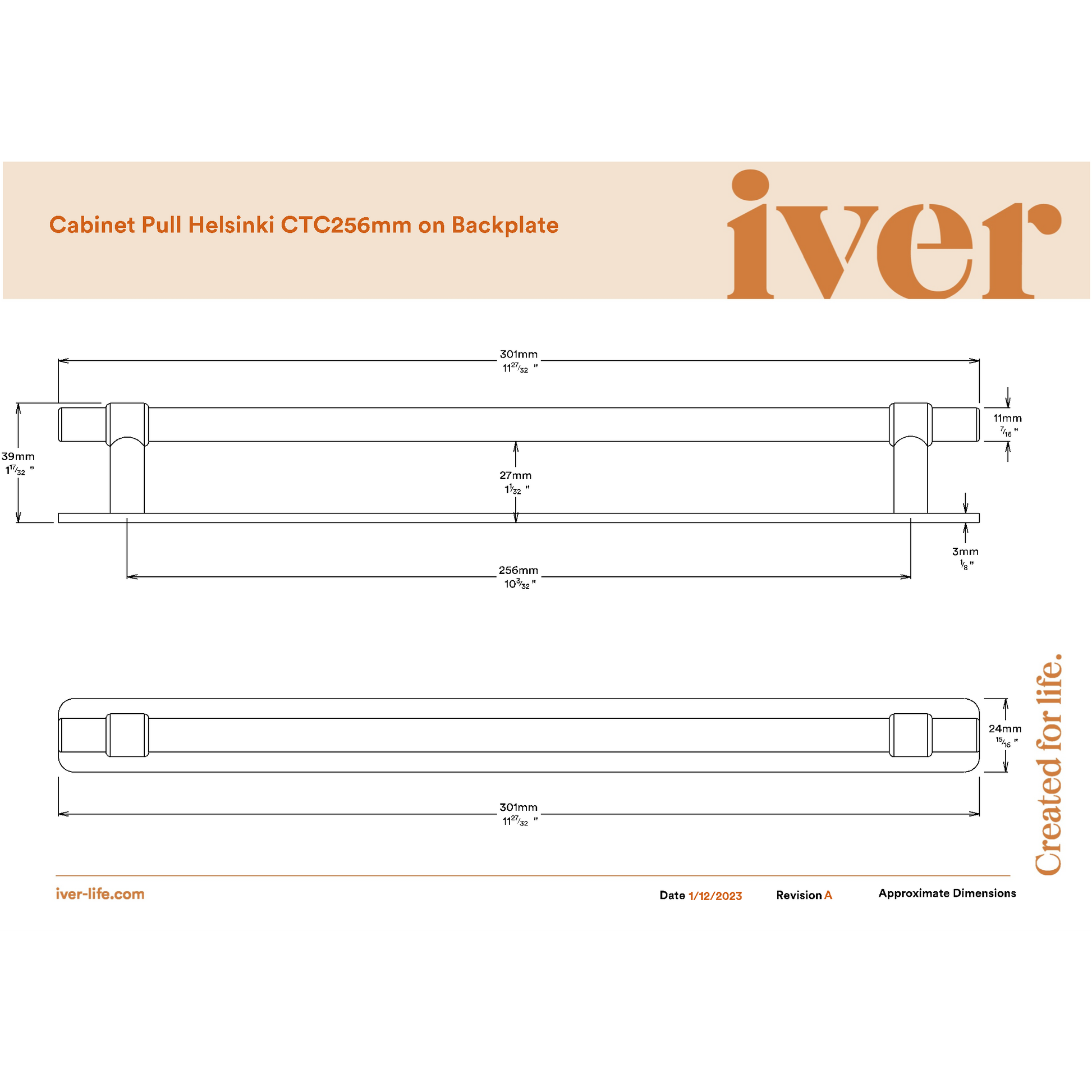 Iver Cabinet Pull Helsinki Brushed Gold PVD CTC256mm With Backplate