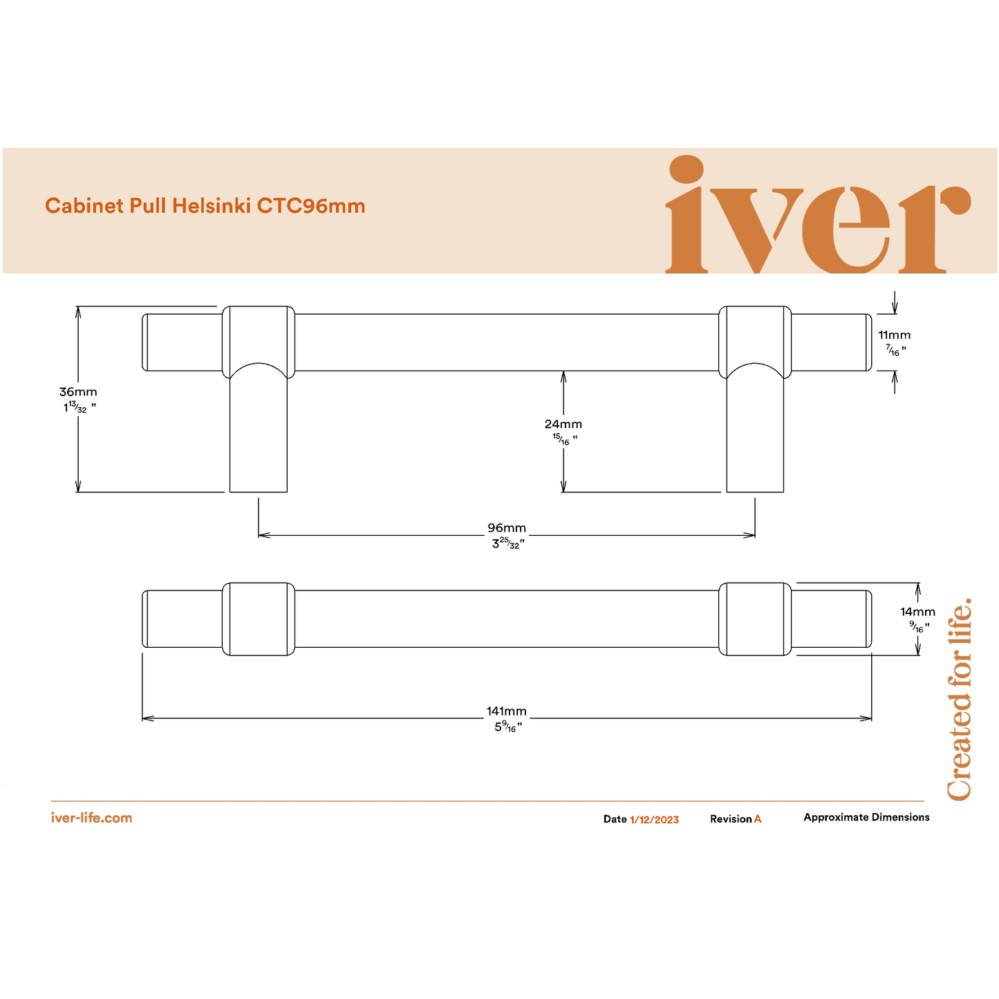 Iver Cabinet Pull Helsinki Brushed Gold PVD CTC96mm