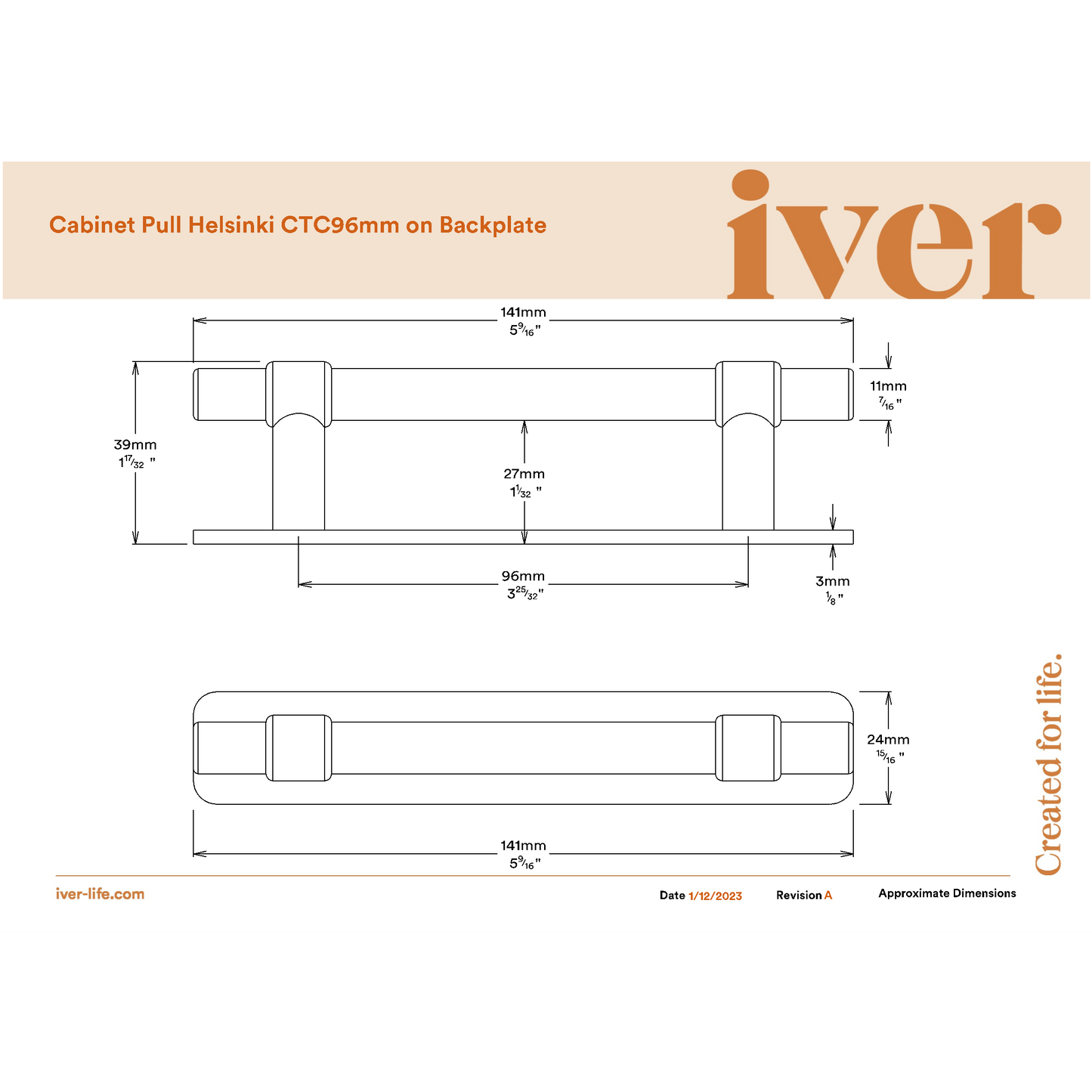 Iver Cabinet Pull Helsinki Brushed Gold PVD CTC96mm With Backplate