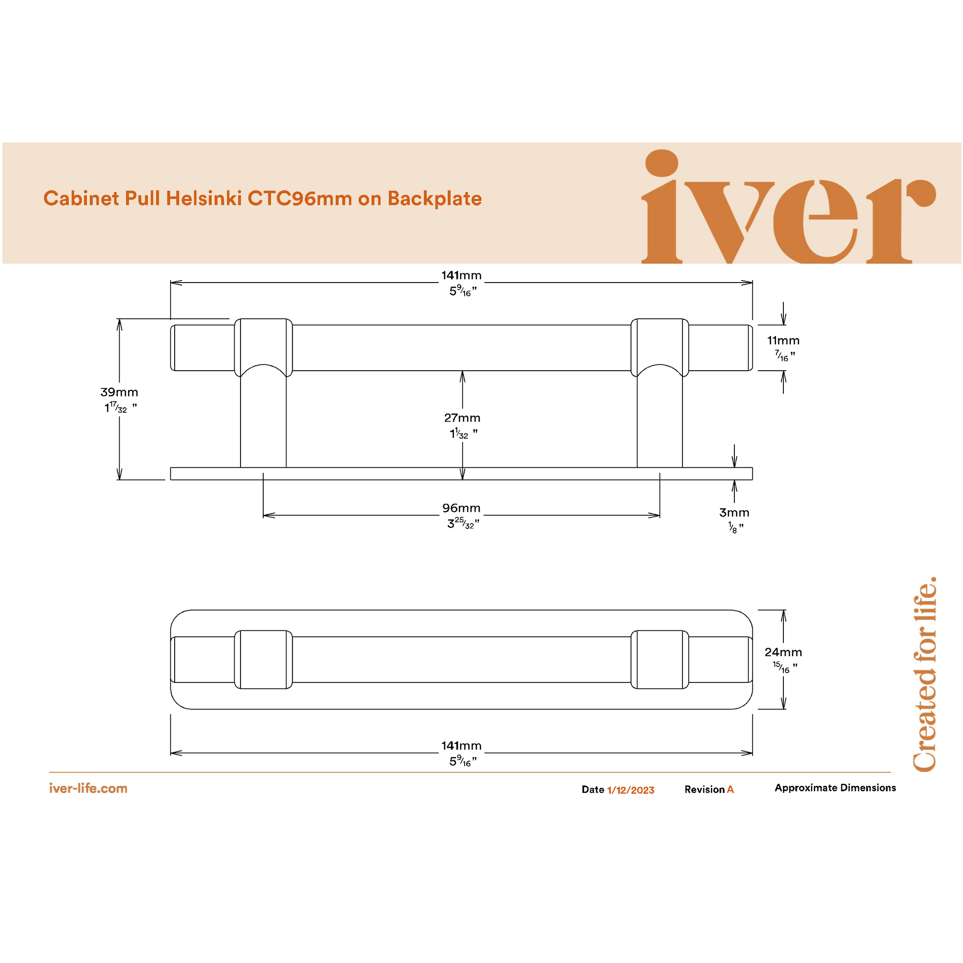 Iver Cabinet Pull Helsinki Brushed Gold PVD CTC96mm With Backplate