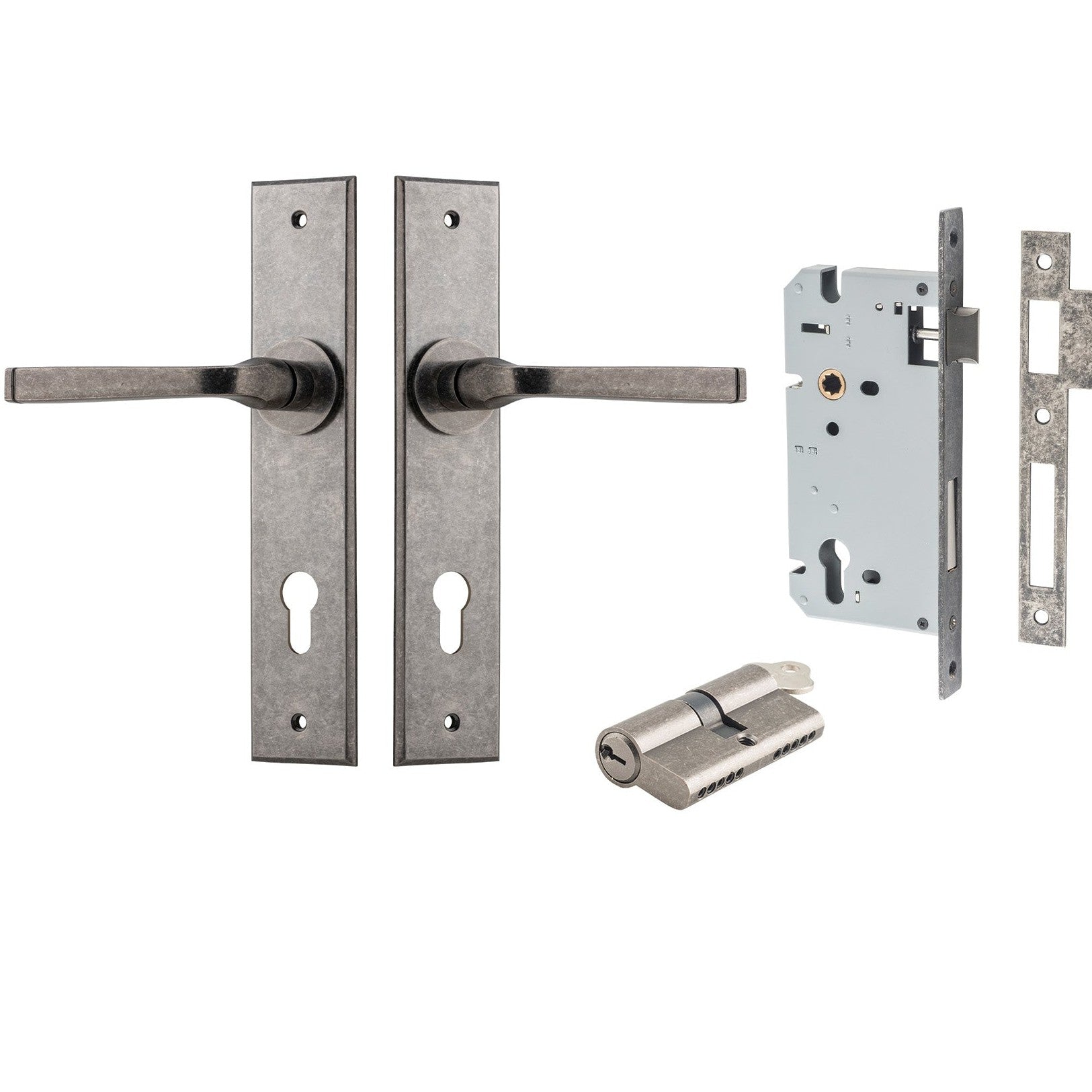 Iver Door Handle Annecy Chamfered Key/Key Distressed Nickel Entrance Kit