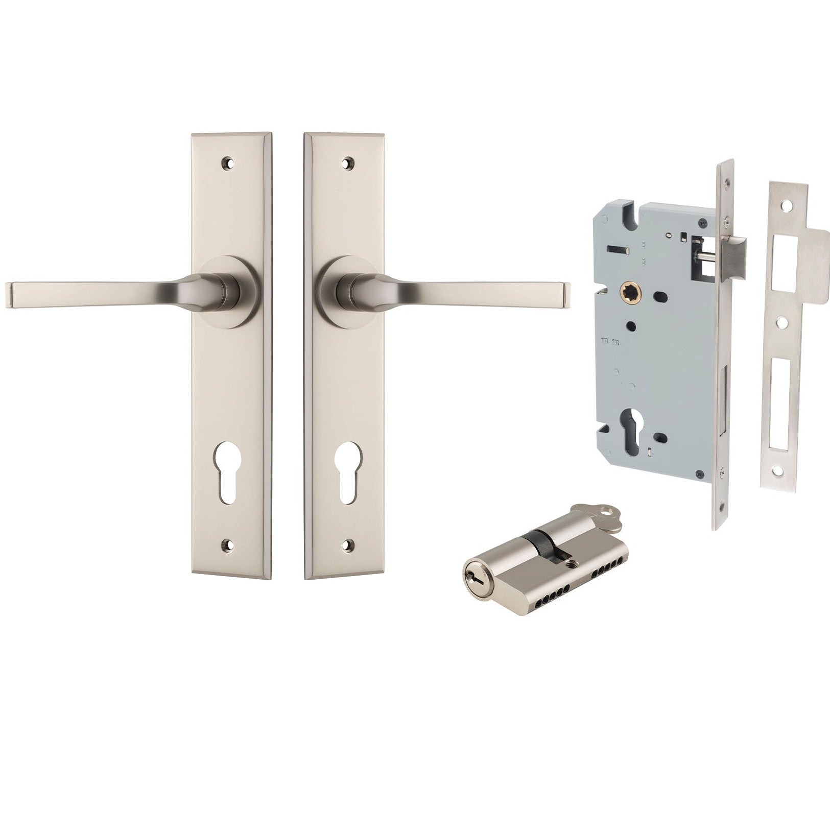 Iver Door Handle Annecy Chamfered Key/Key Satin Nickel Entrance Kit