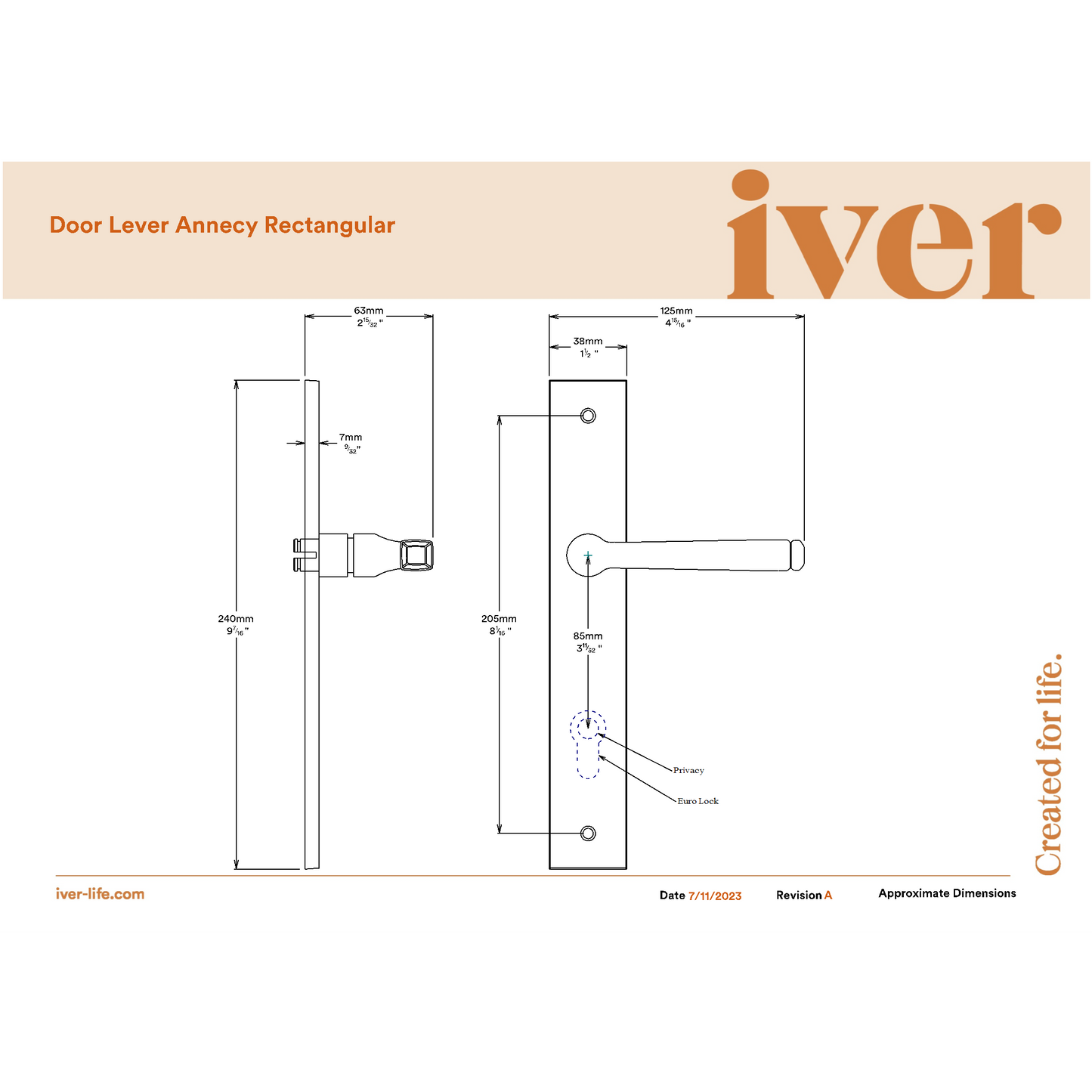 Iver Door Handle Annecy Rectangular Privacy Brushed Chrome Inbuilt Privacy Kit