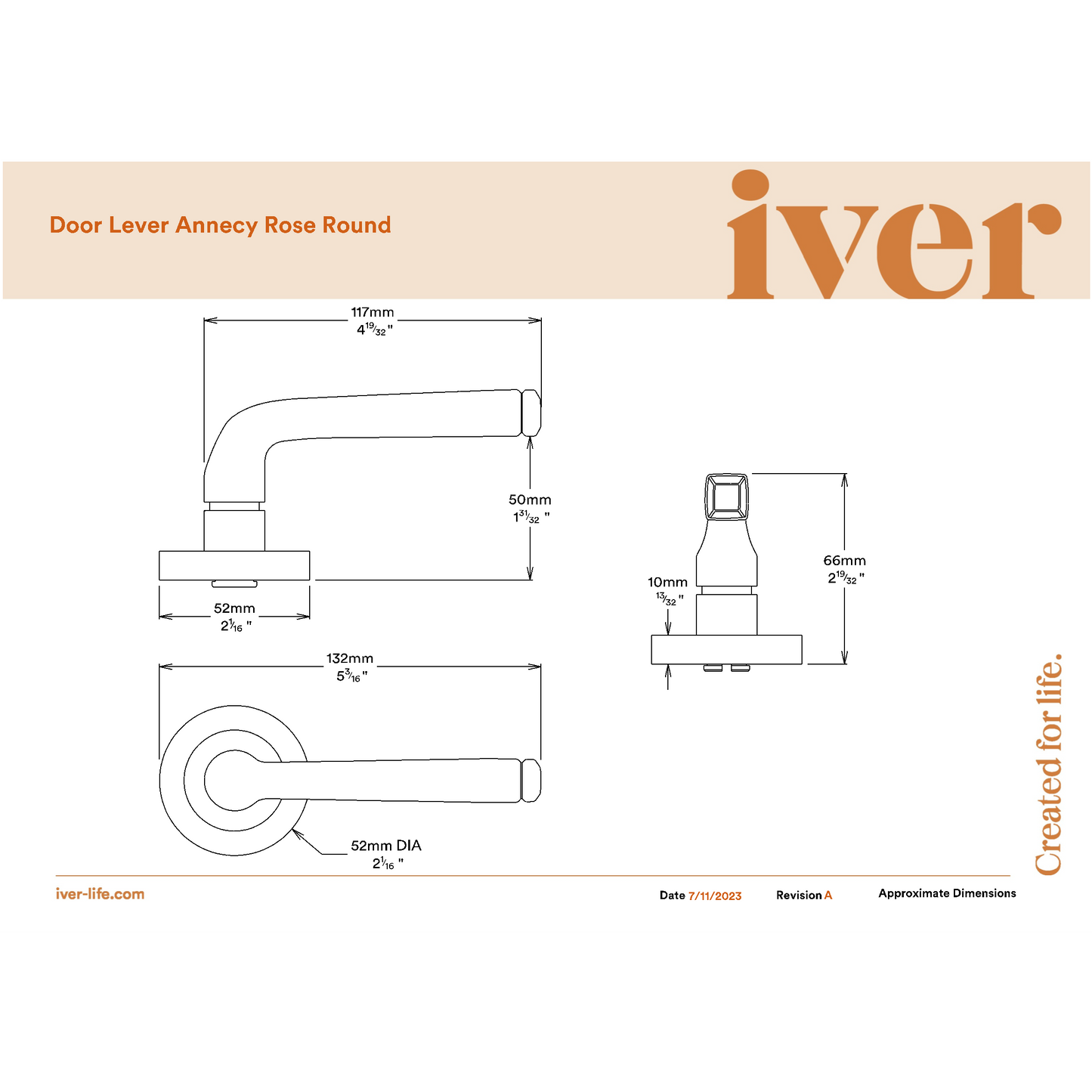 Iver Door Handle Annecy Round Rose Pair Brushed Chrome Passage Kit