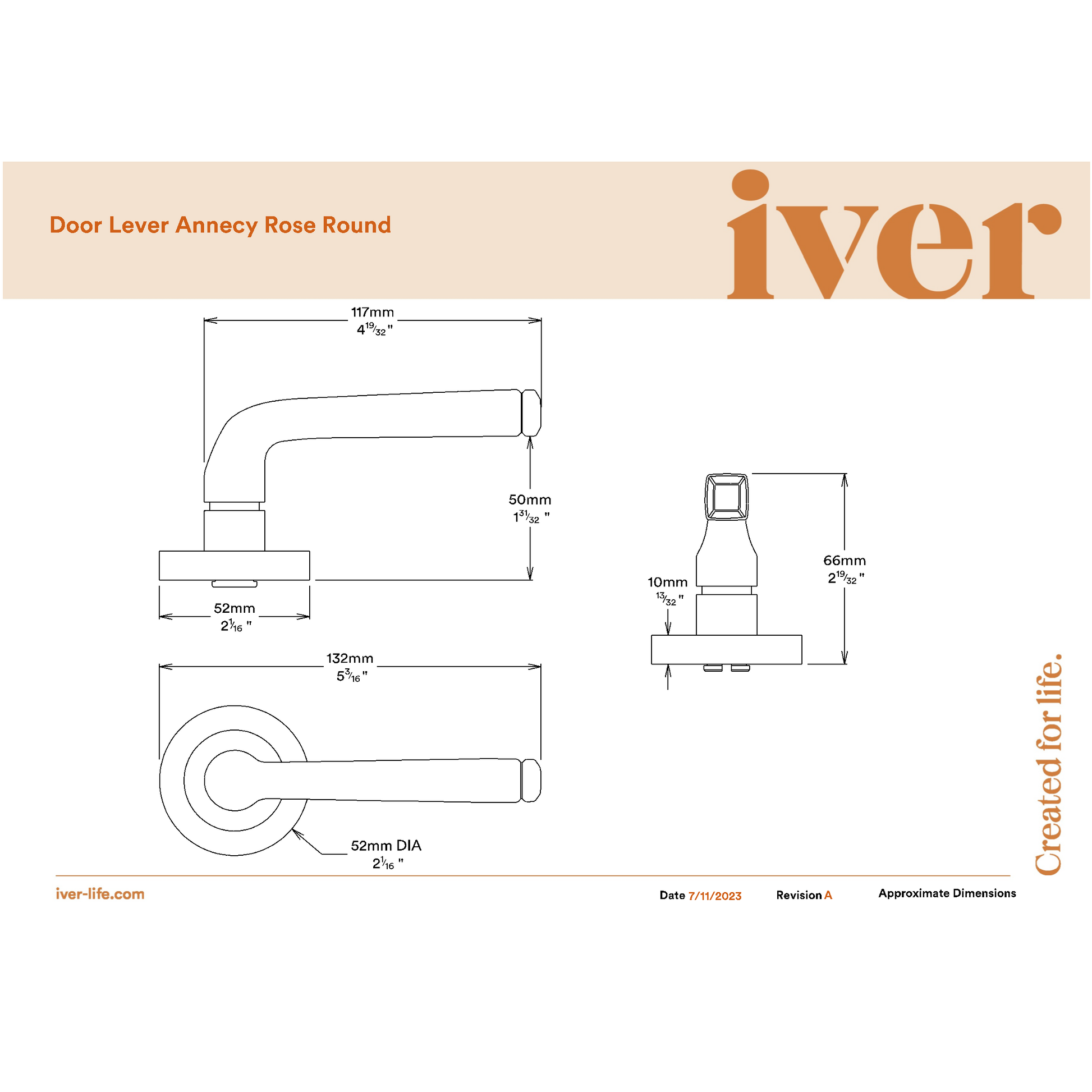 Iver Door Handle Annecy Round Rose Pair Brushed Chrome Passage Kit