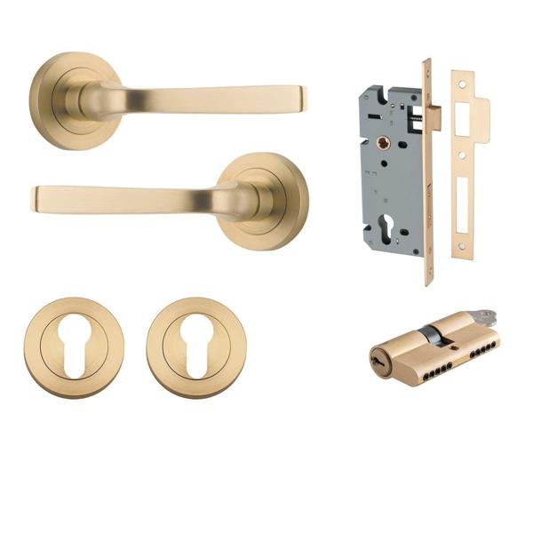 Iver Door Handle Annecy Round Rose Pair Key/Key Brushed Brass Entrance Kit