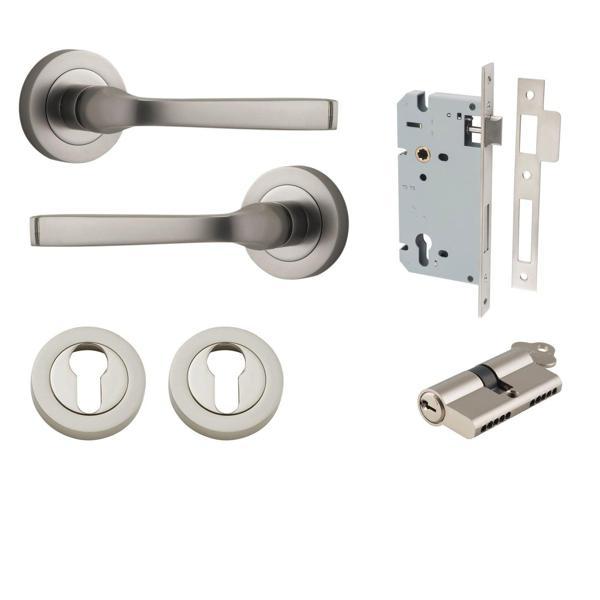 Iver Door Handle Annecy Round Rose Pair Key/Key Satin Nickel Entrance Kit