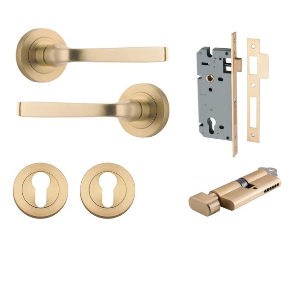 Iver Door Handle Annecy Round Rose Pair Key/Thumb Brushed Brass Entrance Kit