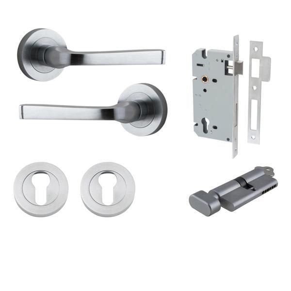 Iver Door Handle Annecy Round Rose Pair Key/Thumb Brushed Chrome Entrance Kit