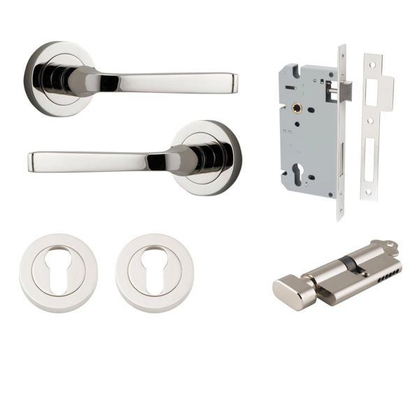 Iver Door Handle Annecy Round Rose Pair Key/Thumb Polished Nickel Entrance Kit