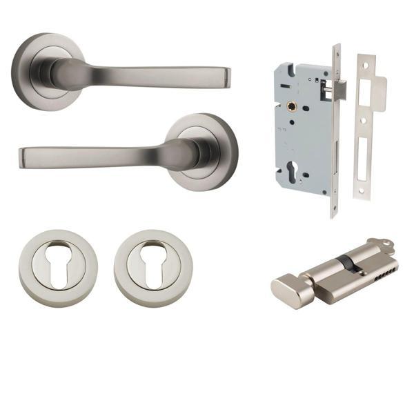 Iver Door Handle Annecy Round Rose Pair Key/Thumb Satin Nickel Entrance Kit