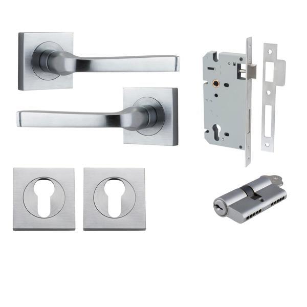 Iver Door Handle Annecy Square Rose Pair Key/Key Brushed Chrome Entrance Kit